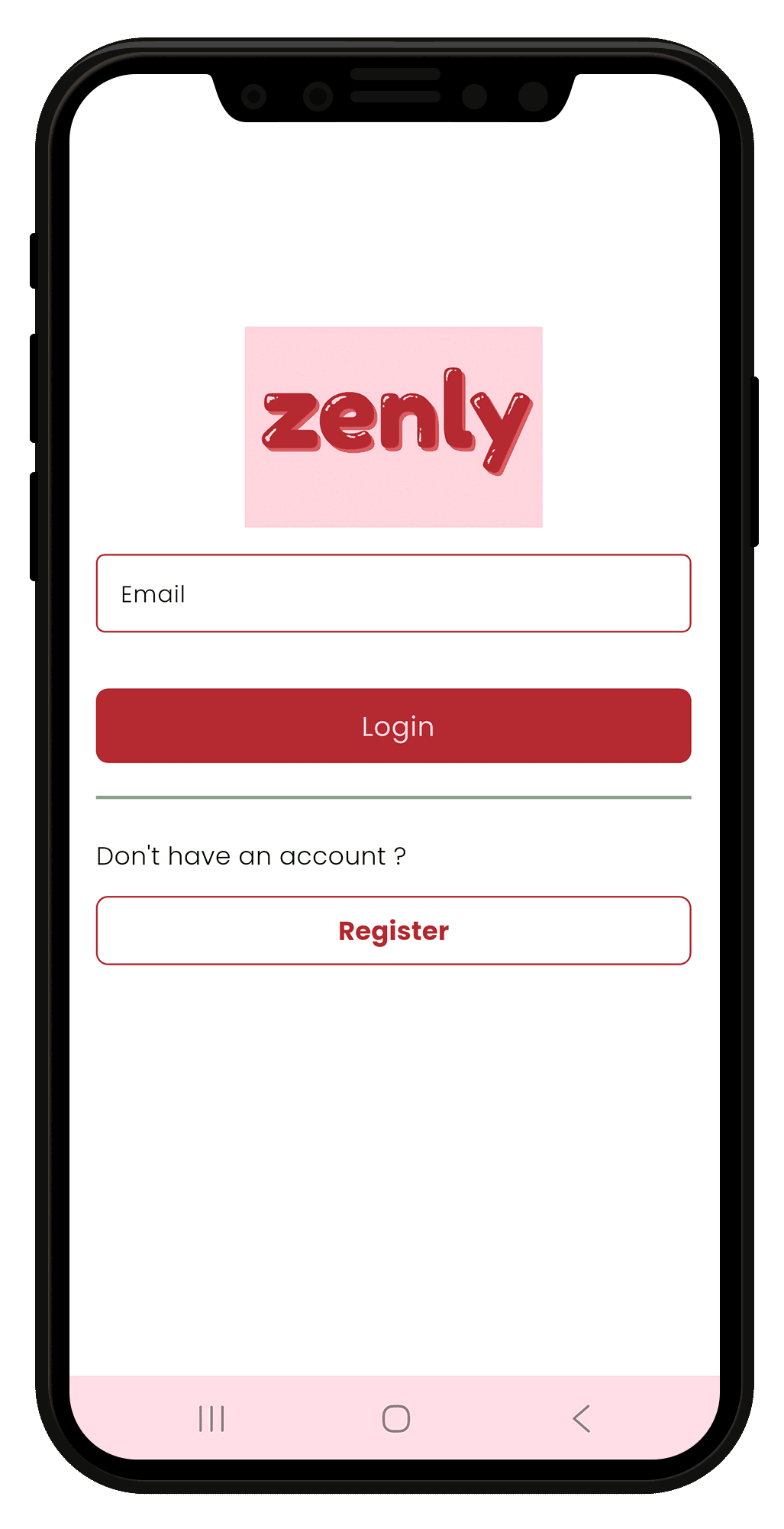 A mobile phone displaying a login screen for an app called Zenly, with a pink and red color scheme, a logo at the top, fields for email and login button, and options to register