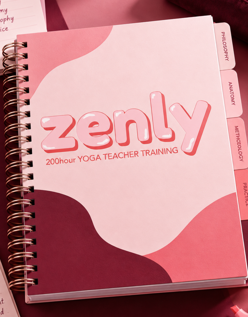 Cover of a spiral-bound training manual titled 'Zenly 200-hour Yoga Teacher Training' with pink and maroon abstract design and tabbed dividers marked 'Philosophy,' 'Anatomy,' 'Methodology,' and 'Practice.'