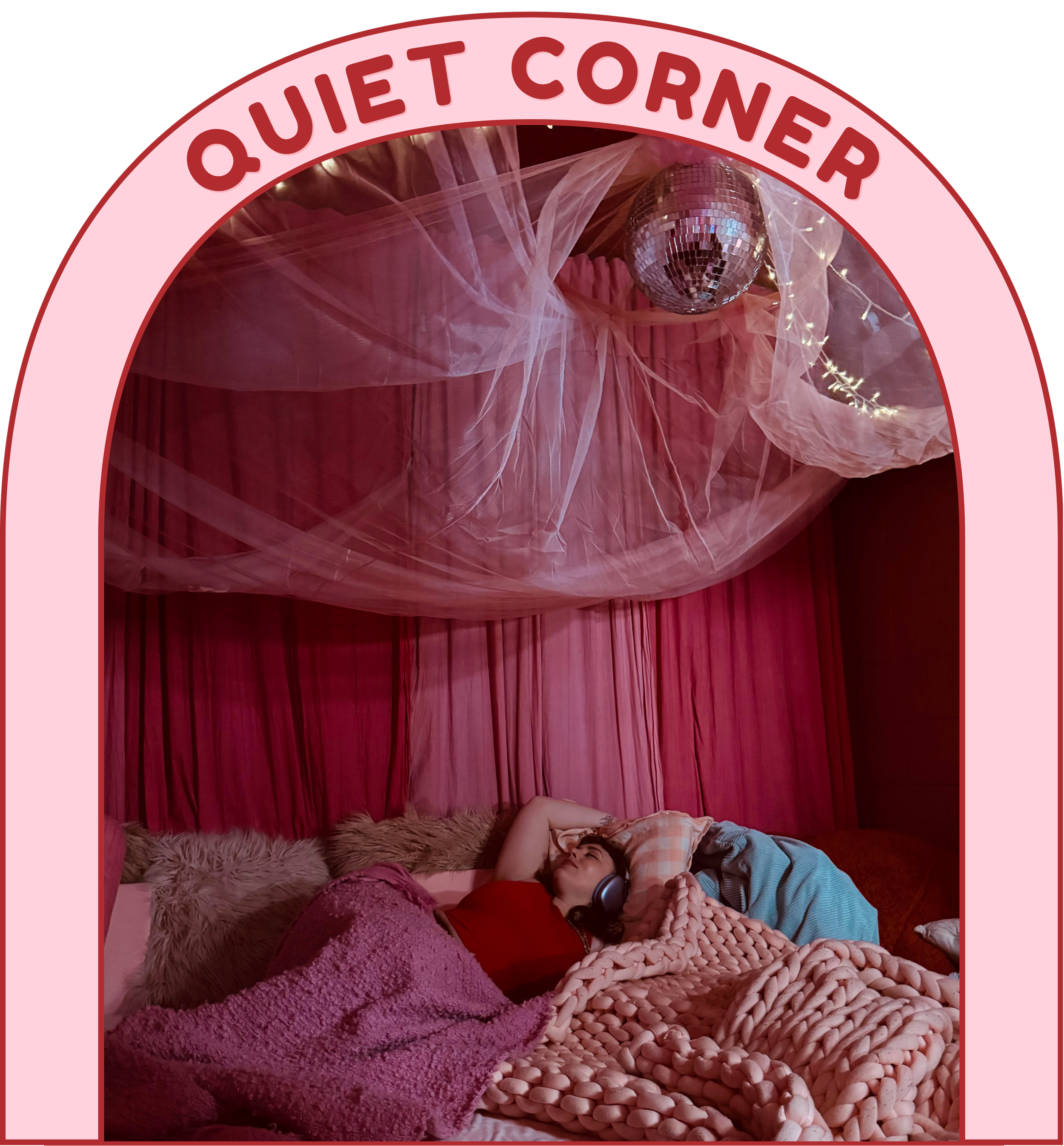 A person lying in a cozy pink faux fur blanket, wearing headphones, surrounded by pink and cream chunky knit blankets and fluffy pillows, resting in a pink-colored room with pink curtains and a disco ball hanging from the ceiling.