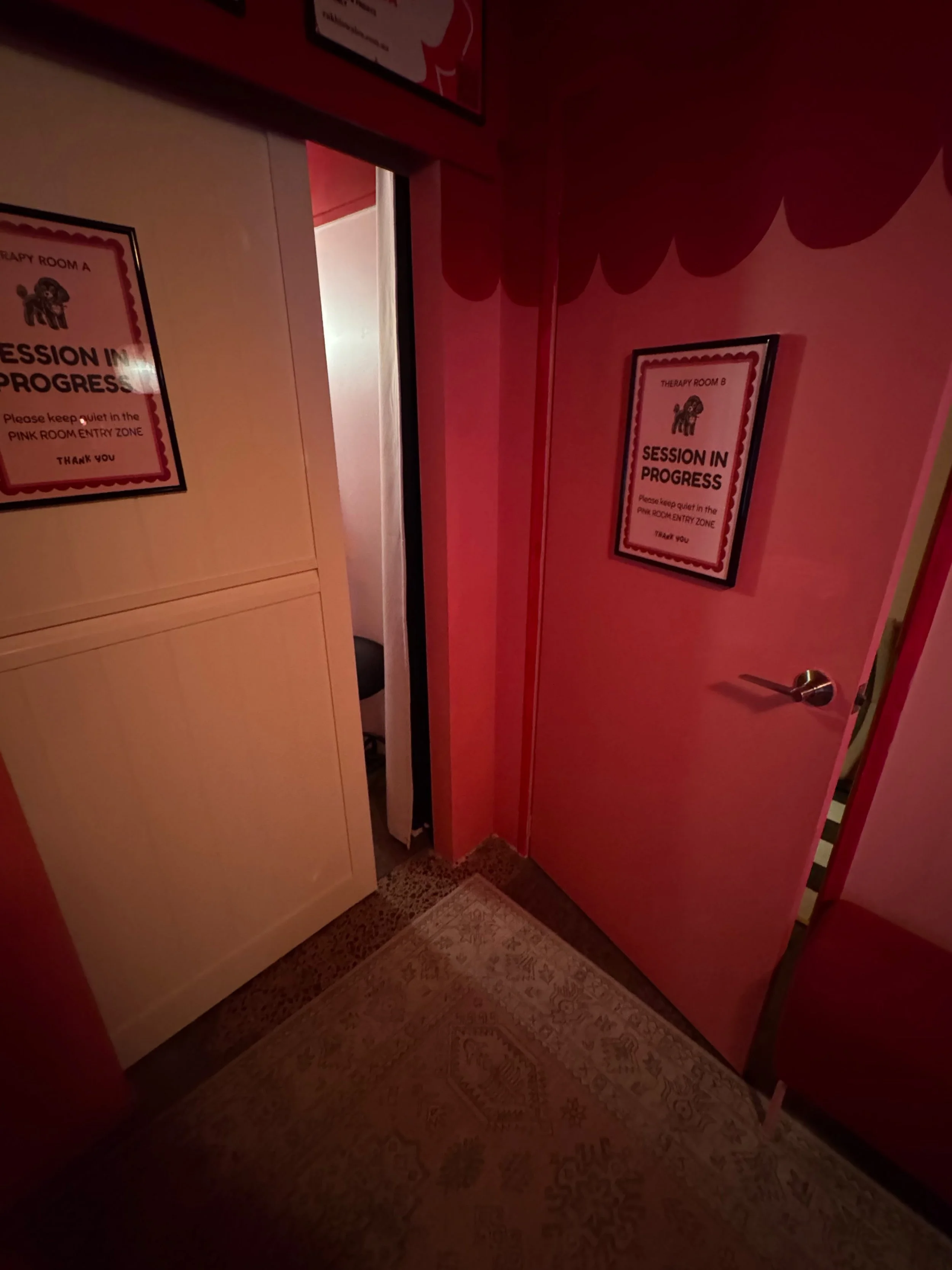 A partly open door to a pink therapy room with a sign that says "Session in Progress" and a message requesting visitors to keep quiet in the entry zone.