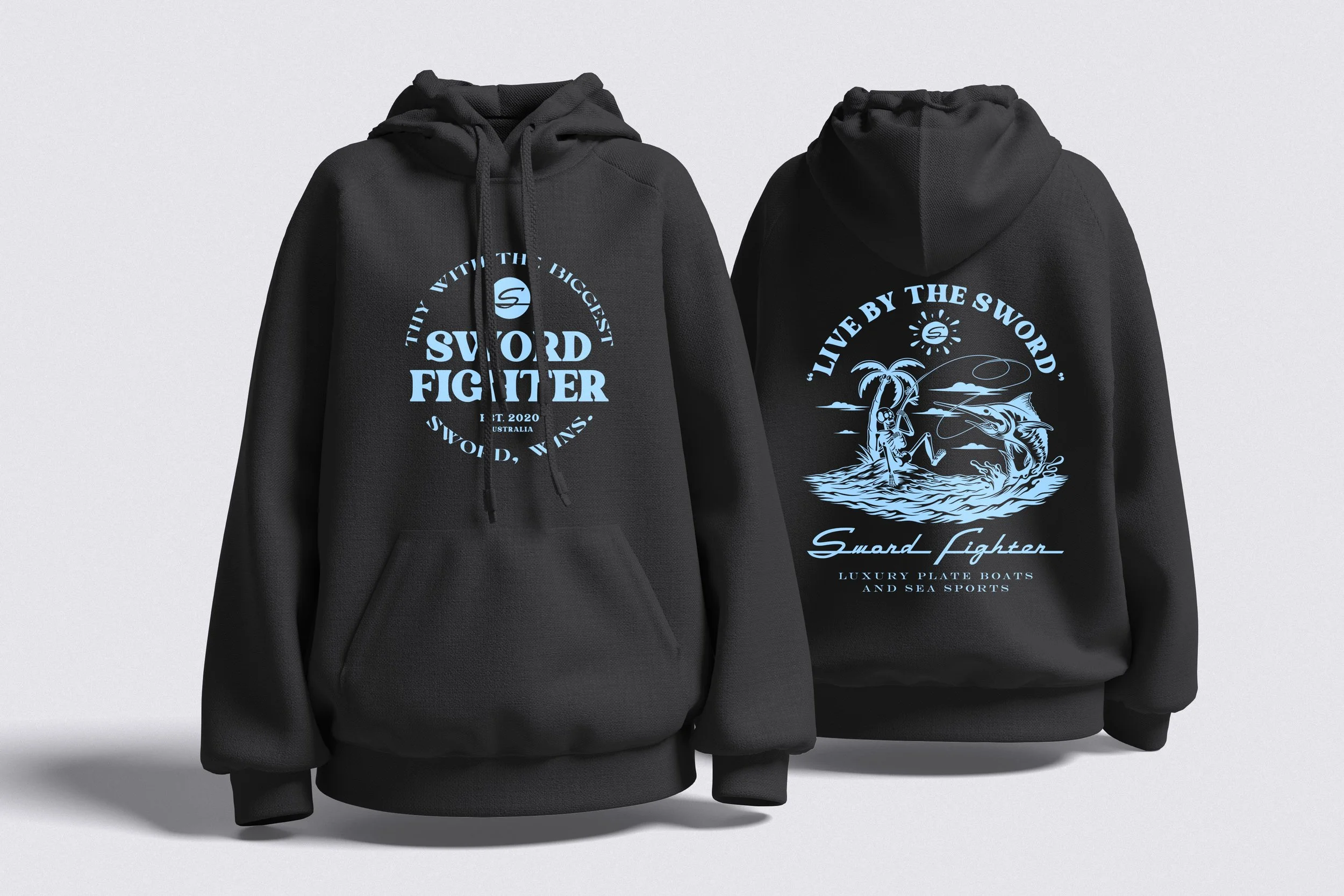 Two black hooded sweatshirts with sea and boat themed graphics and text, displayed on a plain background.