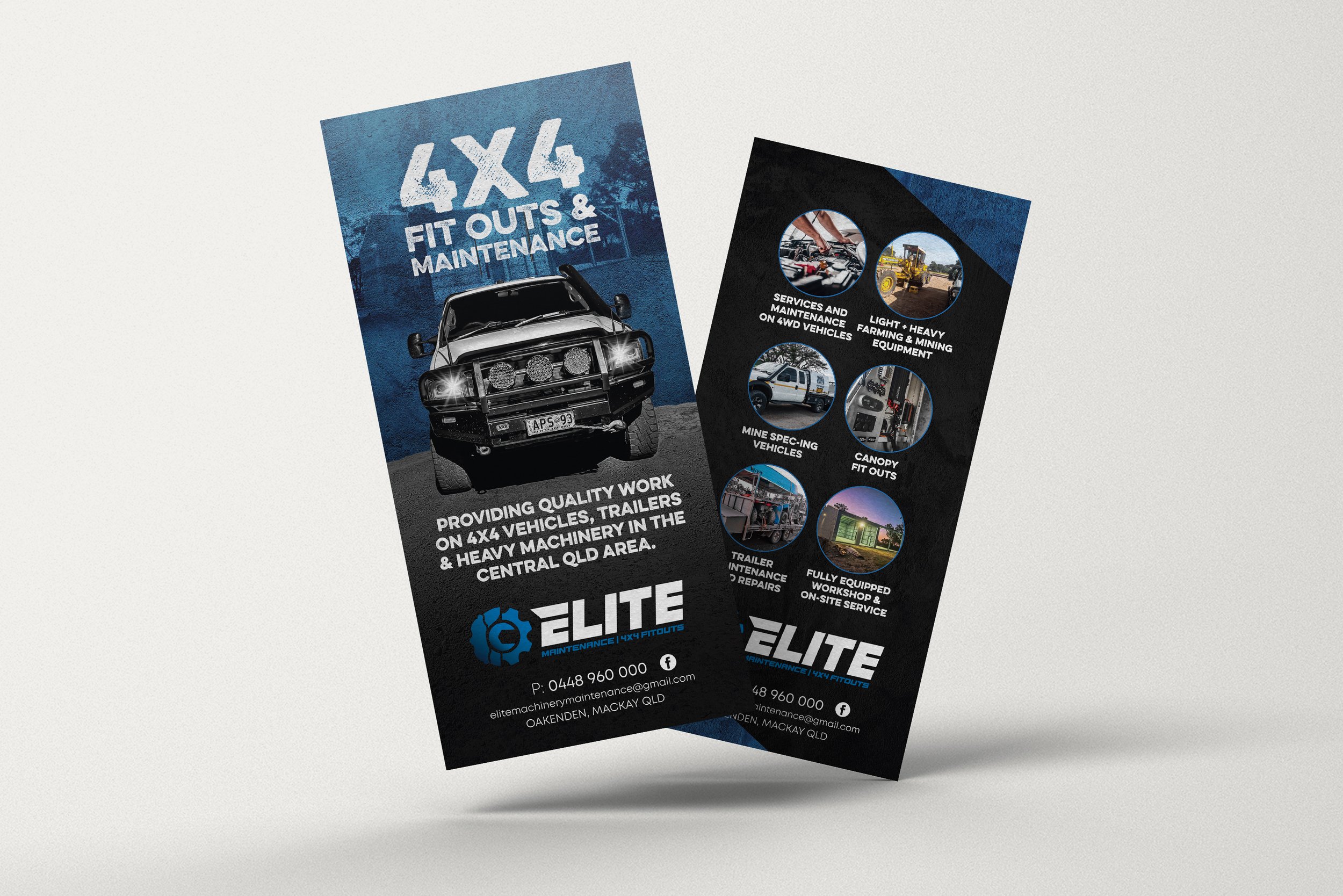 Brochure for Elite Maintenance offering services for 4x4 vehicles, farm machinery, mining equipment, and trailers, with contact information and images of vehicles, machinery, and tools.
