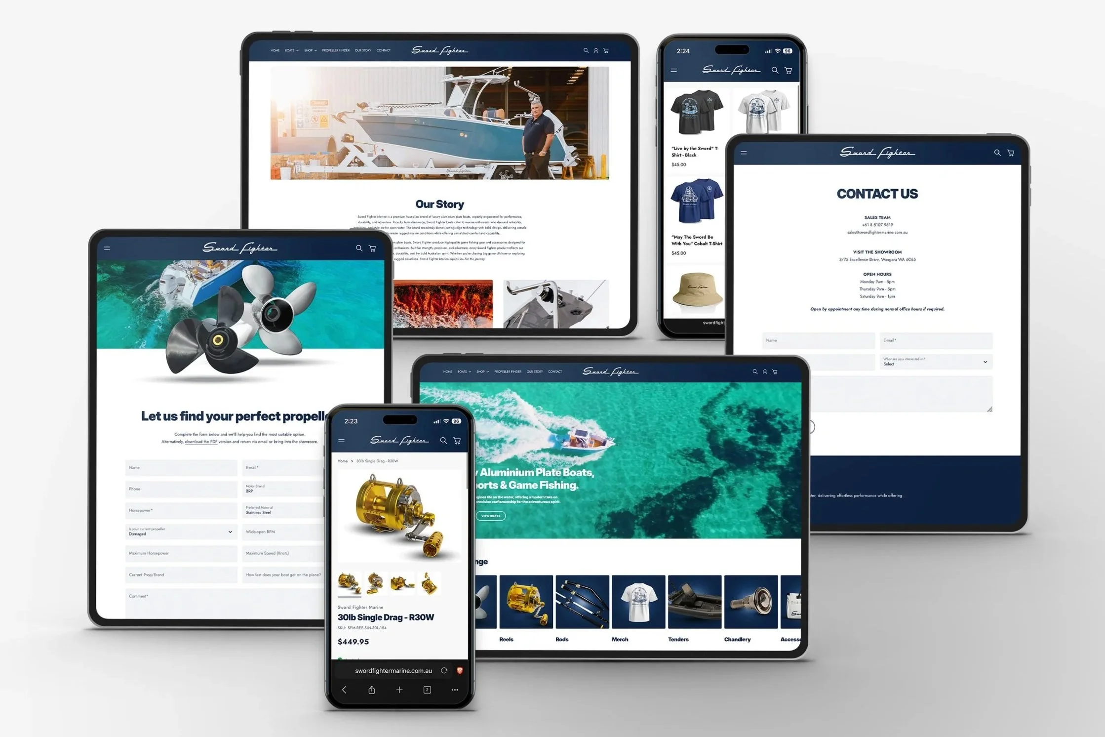 Multiple electronic devices displaying an online store for marine equipment, including boats, propellers, and accessories, with a white background.