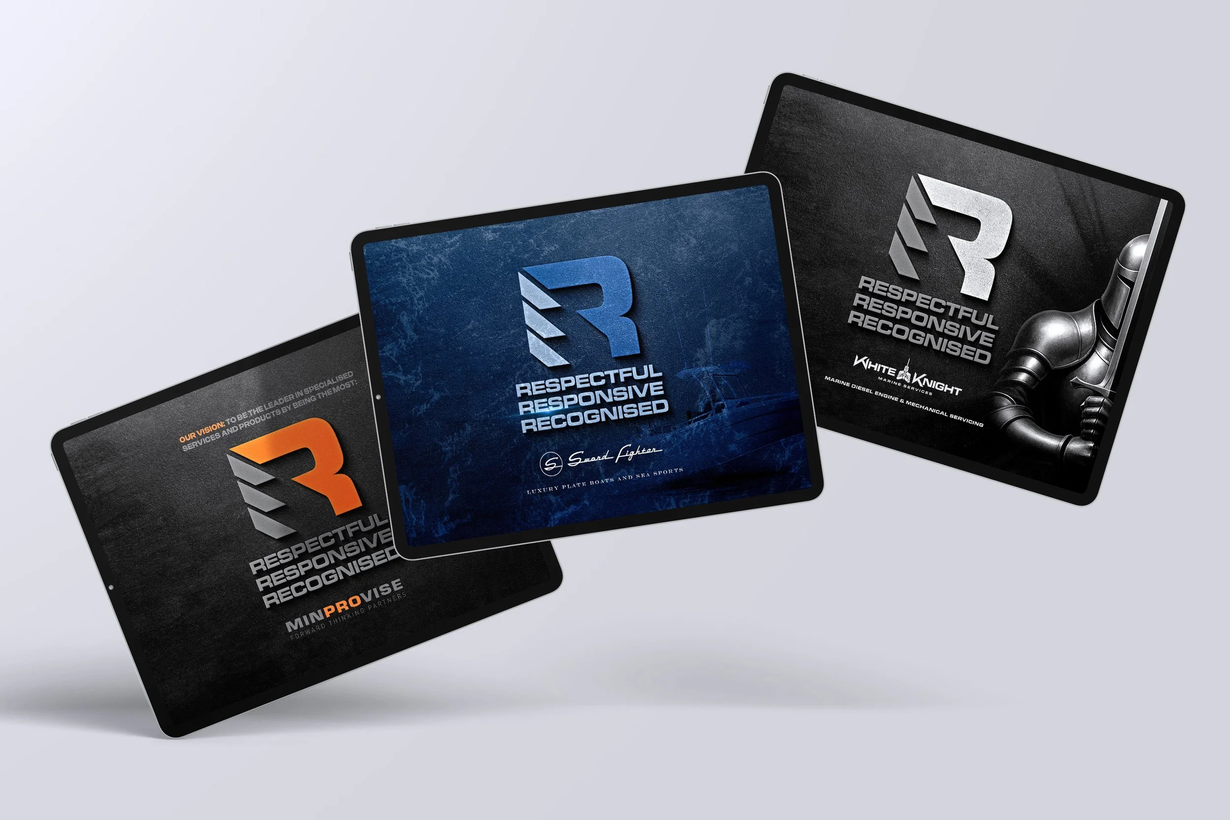 Three digital screens showcasing the logo and motto of Respectful, Responsive, Recognized, with one screen featuring a mechanical robot arm.