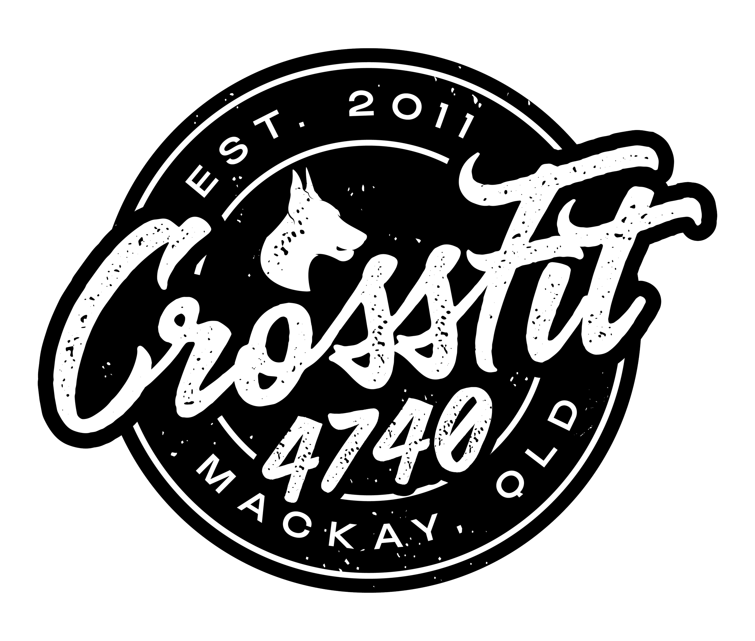 A stylized black and white logo featuring a howling wolf and the words "E ST 2011" and "ACKAY" in circular design.