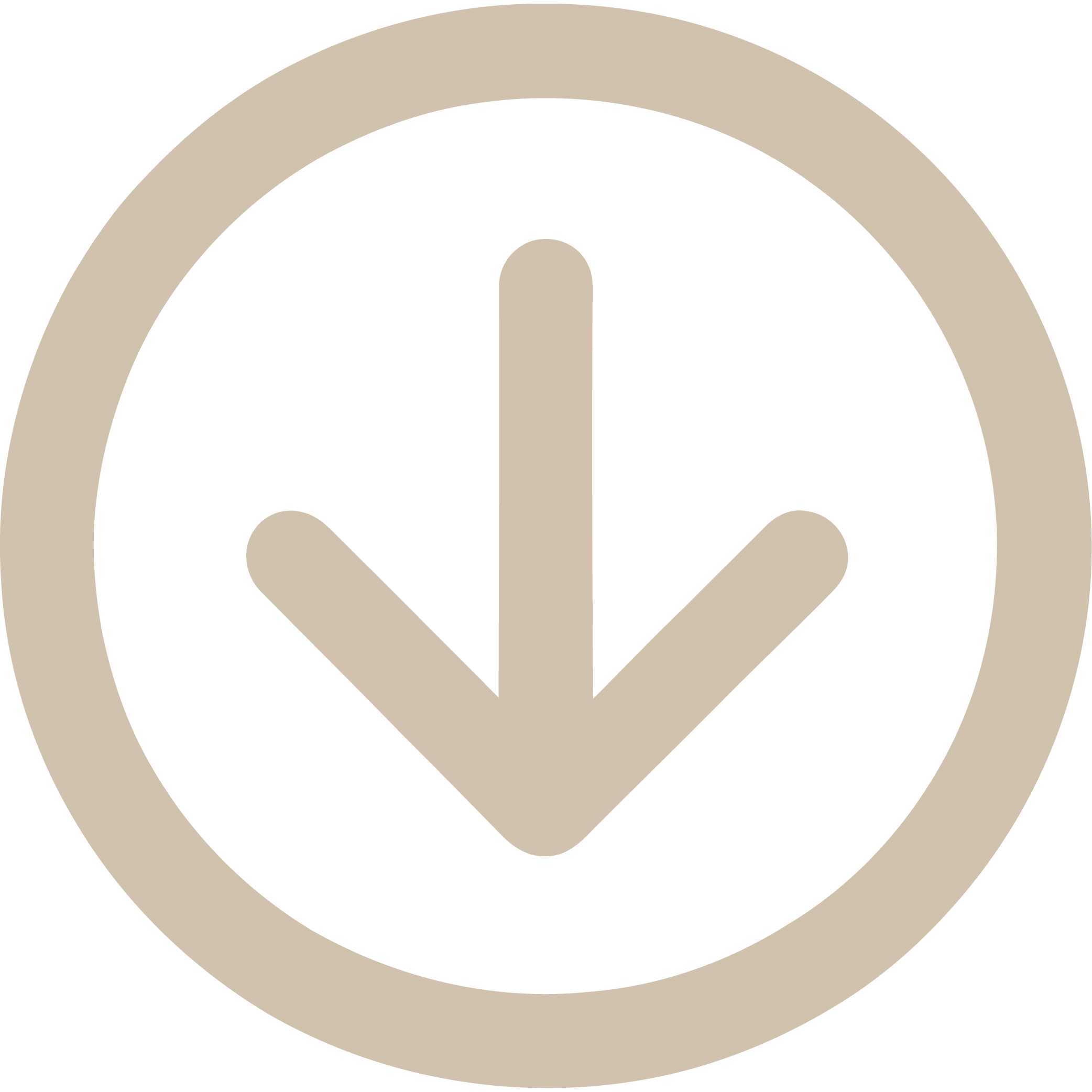 A stylized graphic of a house within a large, circular frame, using beige and black colors.