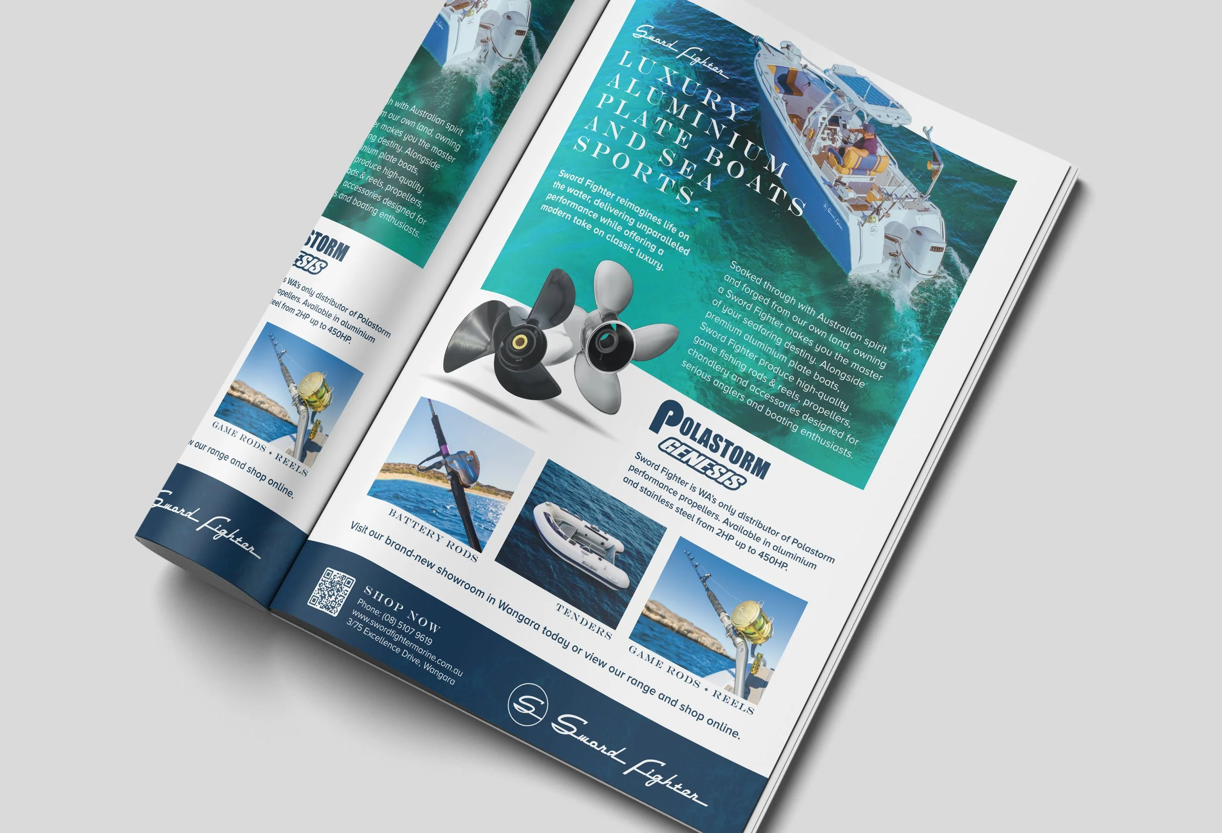 A two-page magazine spread showcasing luxury aluminum boats and boating accessories, with images of boats on water, boat parts, and related equipment, with blue and white color scheme.