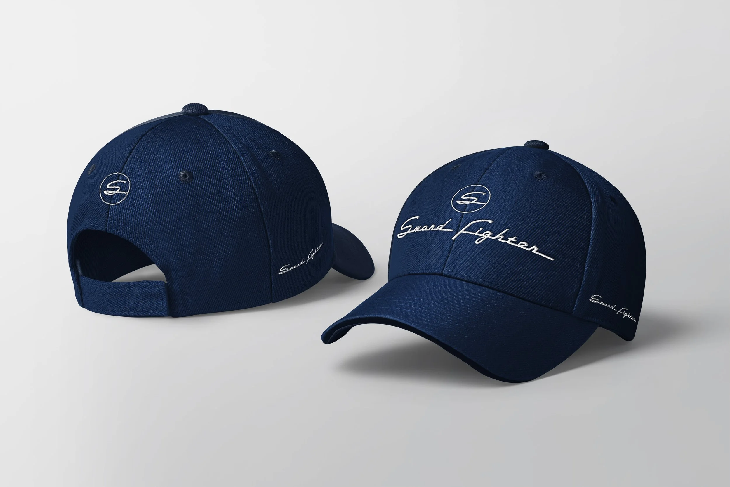 Two navy blue baseball caps with embroidered white script reading 'Squad Lighton' and a small circular logo, placed on a plain white background.
