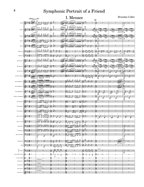 The musical score to a piece titled "Symphonic Portrait of a Friend" by Brendan Coller