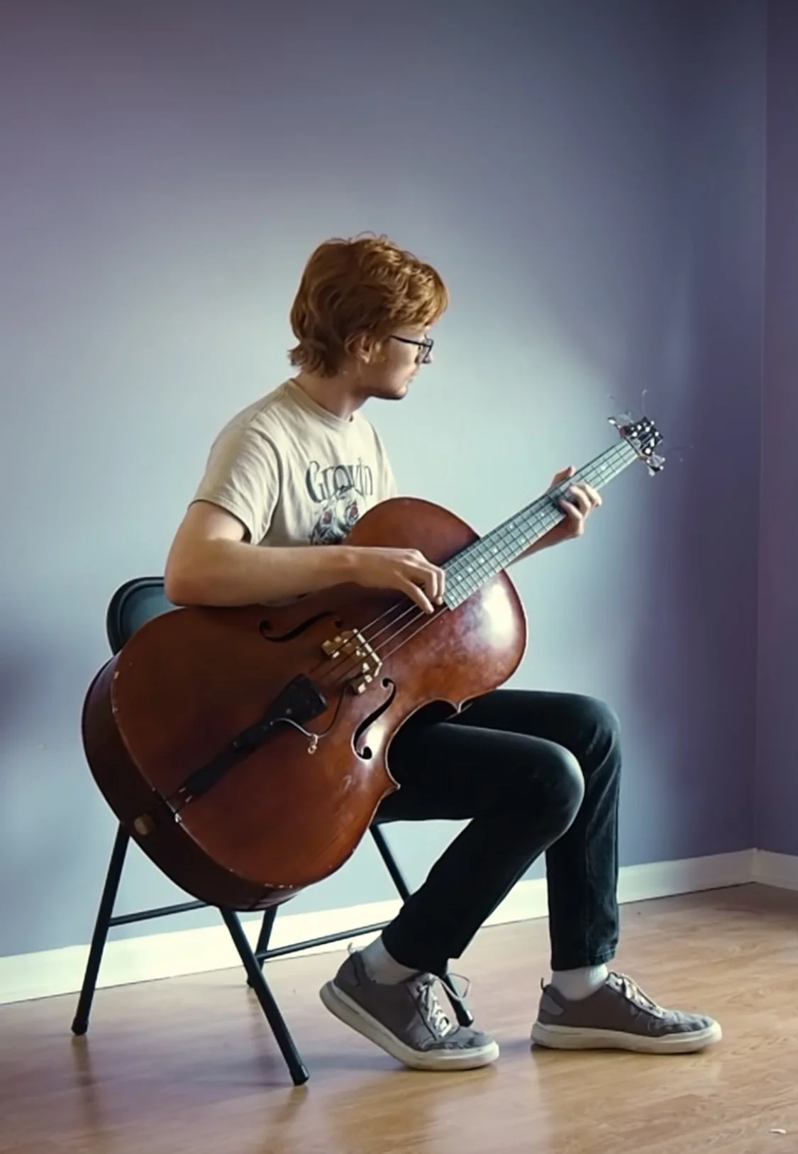Brendan Coller playing a hybrid Cello-Bass instrument he built