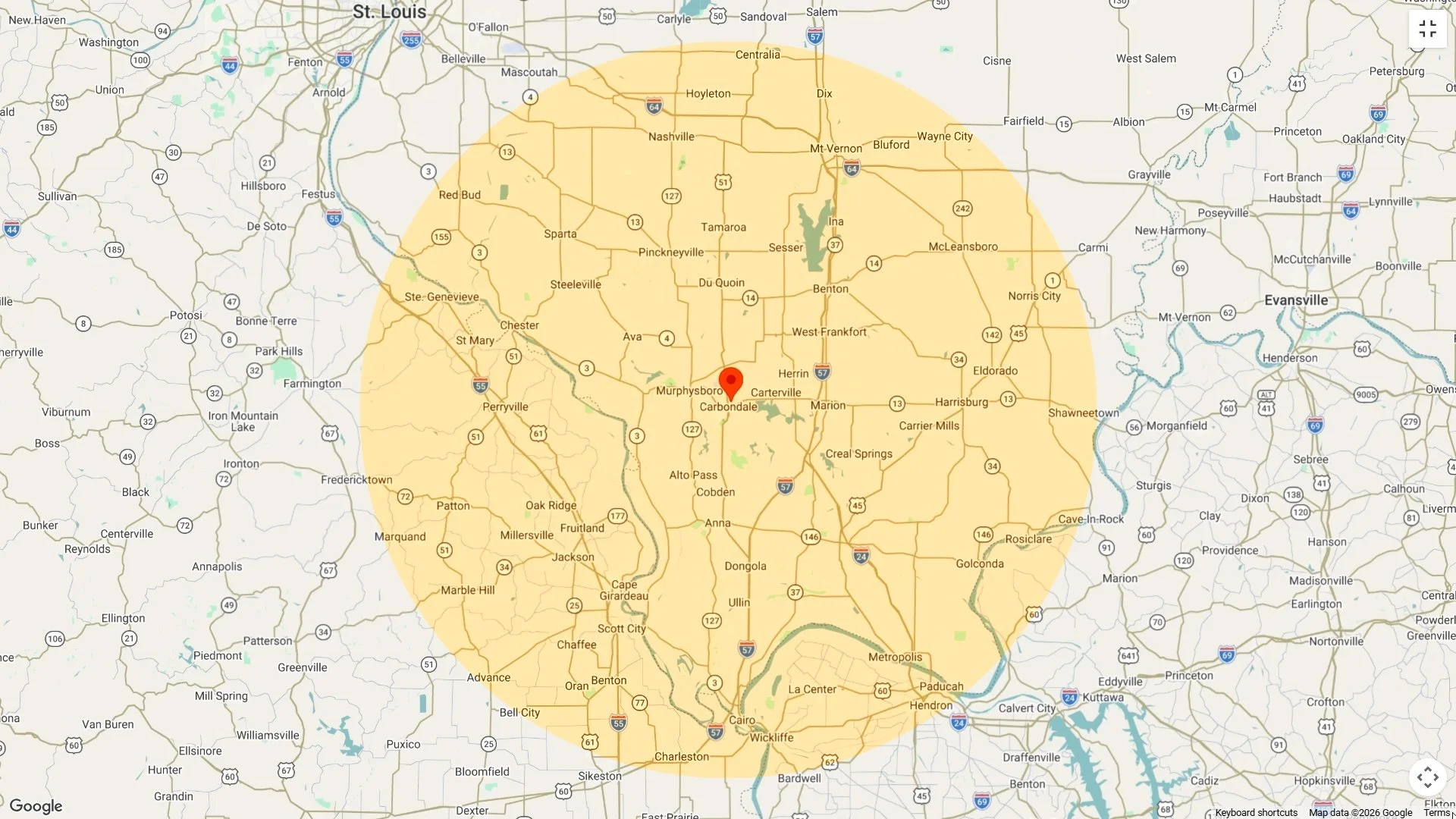 Service area for Southern Illinois Piano Tuning & Repair