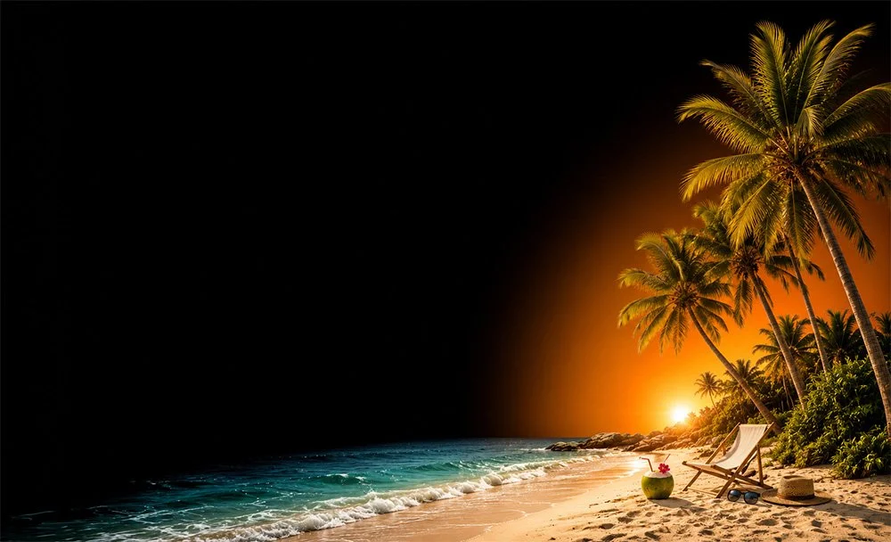 Beach scene at sunset with palm trees and a lounge chair, representing Agara Living ambassador trip