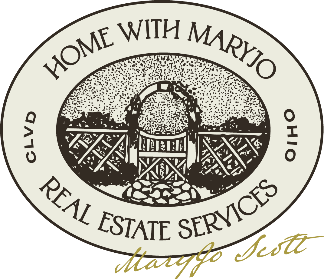 Logo for Home with Maryjo from CLVD Real Estate Services in Ohio, featuring a circular design with a garden arch and a fence surrounded by fields.