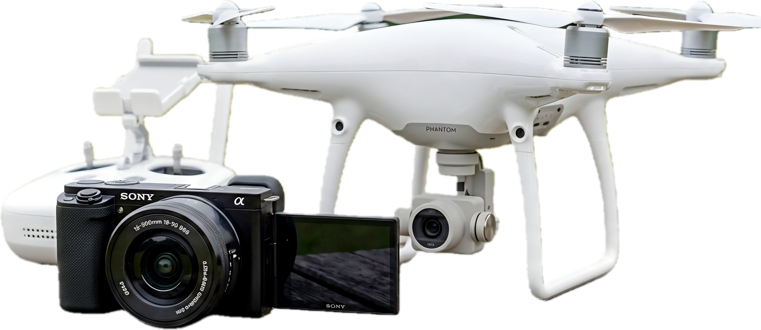 A white drone with camera equipment, featuring a mounted Sony camera, is displayed alongside a remote control and a monitor screen.