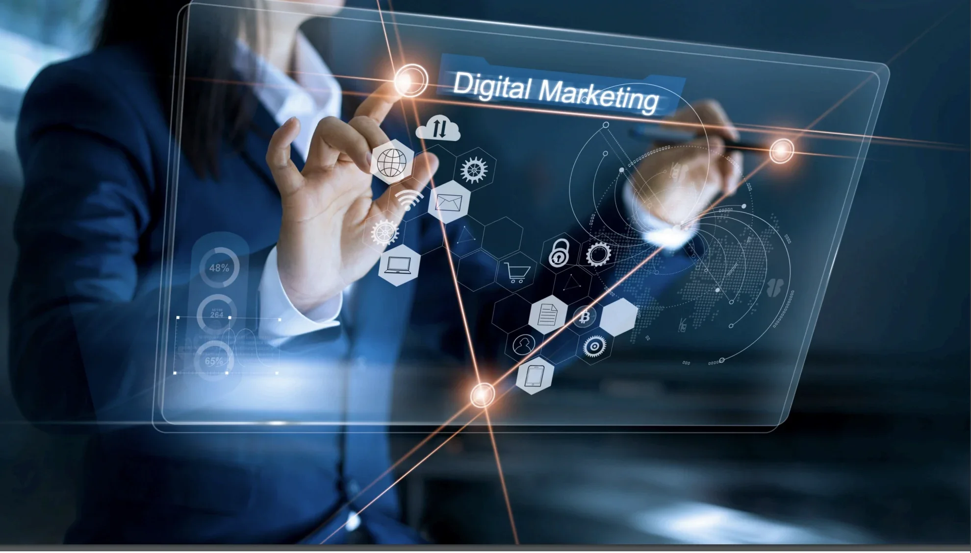 Person in business attire interacting with a transparent digital screen displaying the words 'Digital Marketing' and various icons representing technology, cloud computing, email, and analytics.