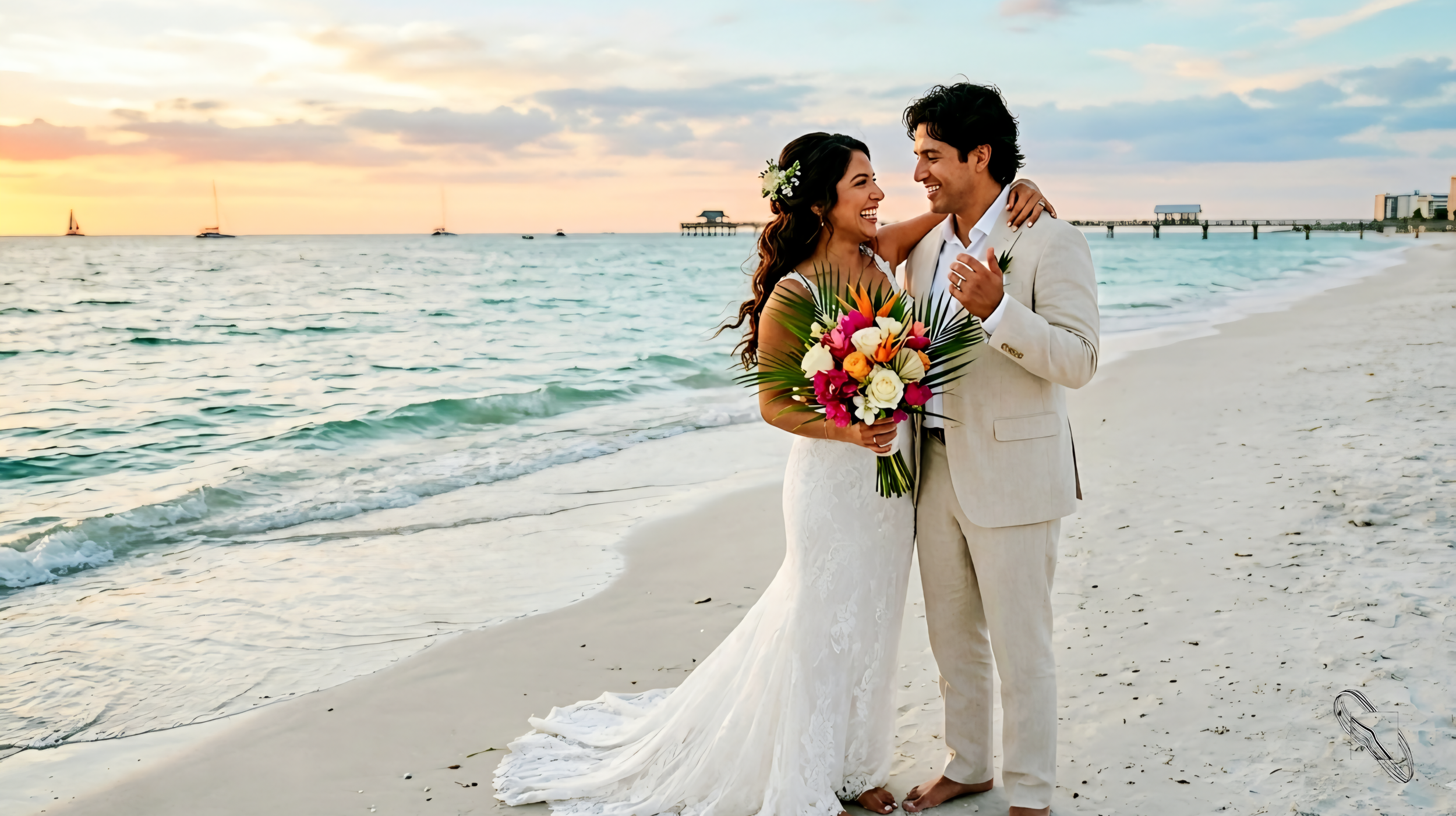 A Decorous photo in wedding attire on a beach at sunset, smiling and embracing, with the ocean and sailboats in the background.
