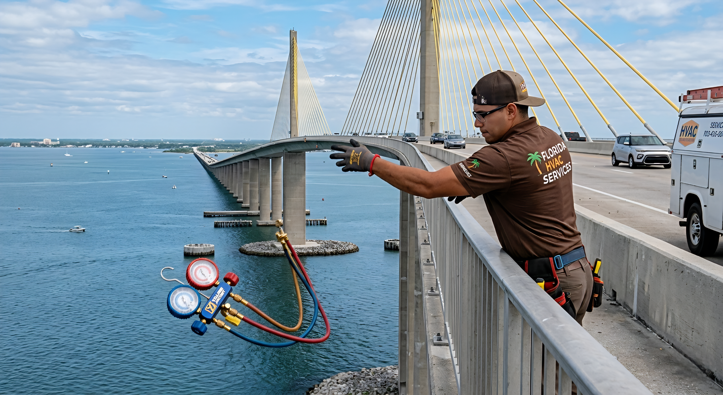 A worker in a brown shirt with 'Florida HVAC Services' logo, wearing safety gear, is working on an HVAC system on a bridge. The bridge spans over water, with vehicles traveling on it, and features tall, yellow suspension cables.