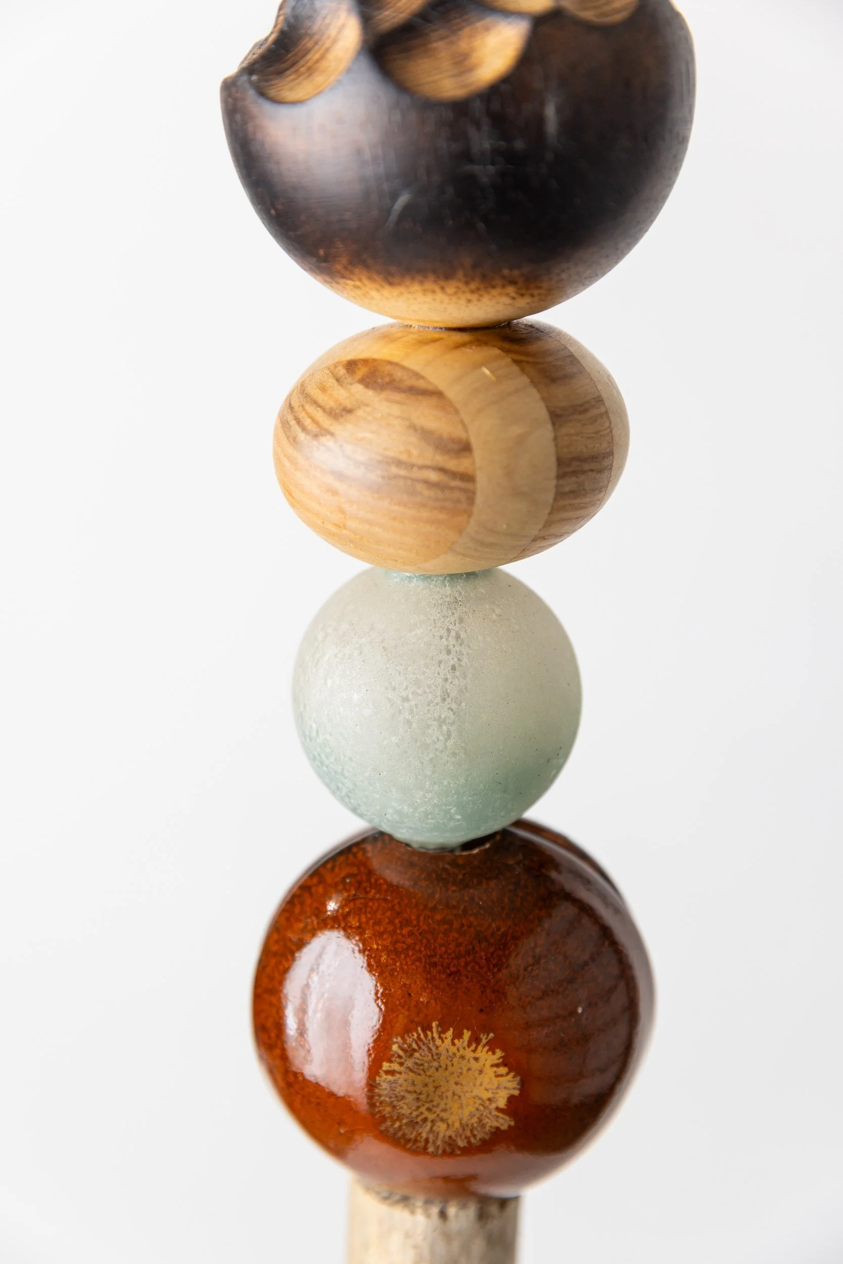 Totem No. 2 (TM002) — detail view 5   ·   Description: Totem No. 2 (TM002), one-of-a-kind ceramic and hand-carved wood totem sculpture by Brendan Bishop, Grip Fast Studio, Omaha — detail view 5.