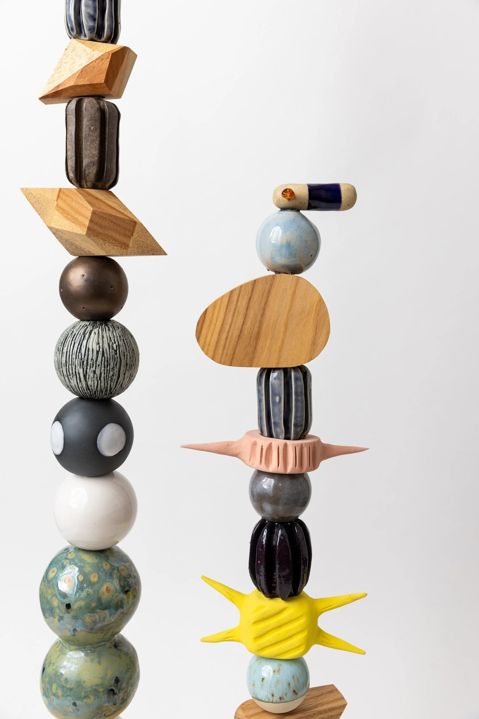 Totem No. 5 (TM005) — detail view 2   ·   Description: Totem No. 5 (TM005), one-of-a-kind ceramic and hand-carved wood totem sculpture by Brendan Bishop, Grip Fast Studio, Omaha — detail view 2.