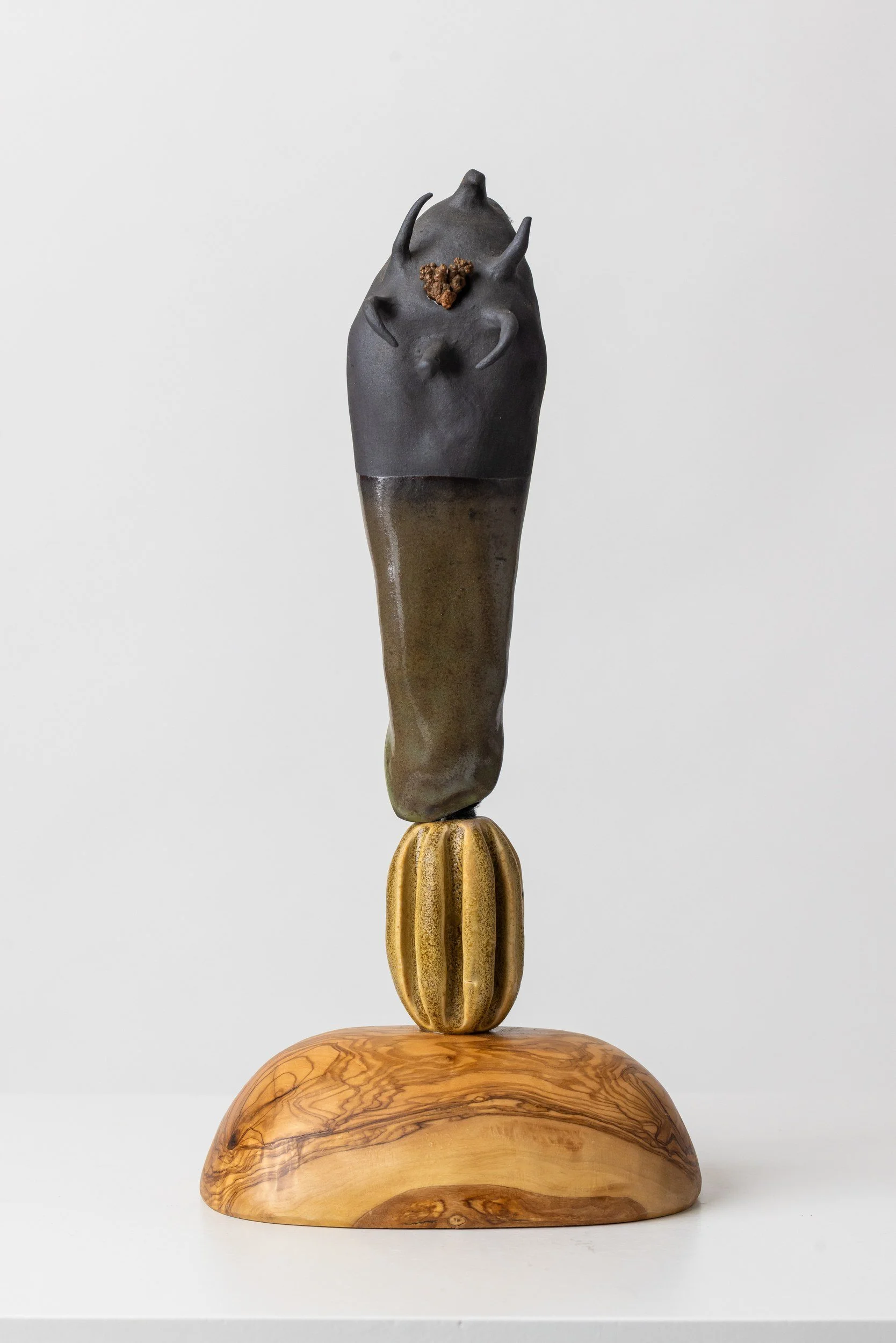 A sculptural art piece featuring a dark ceramic head with horns, balancing on a polished wooden shape, with a decorative wooden base, against a plain white background.