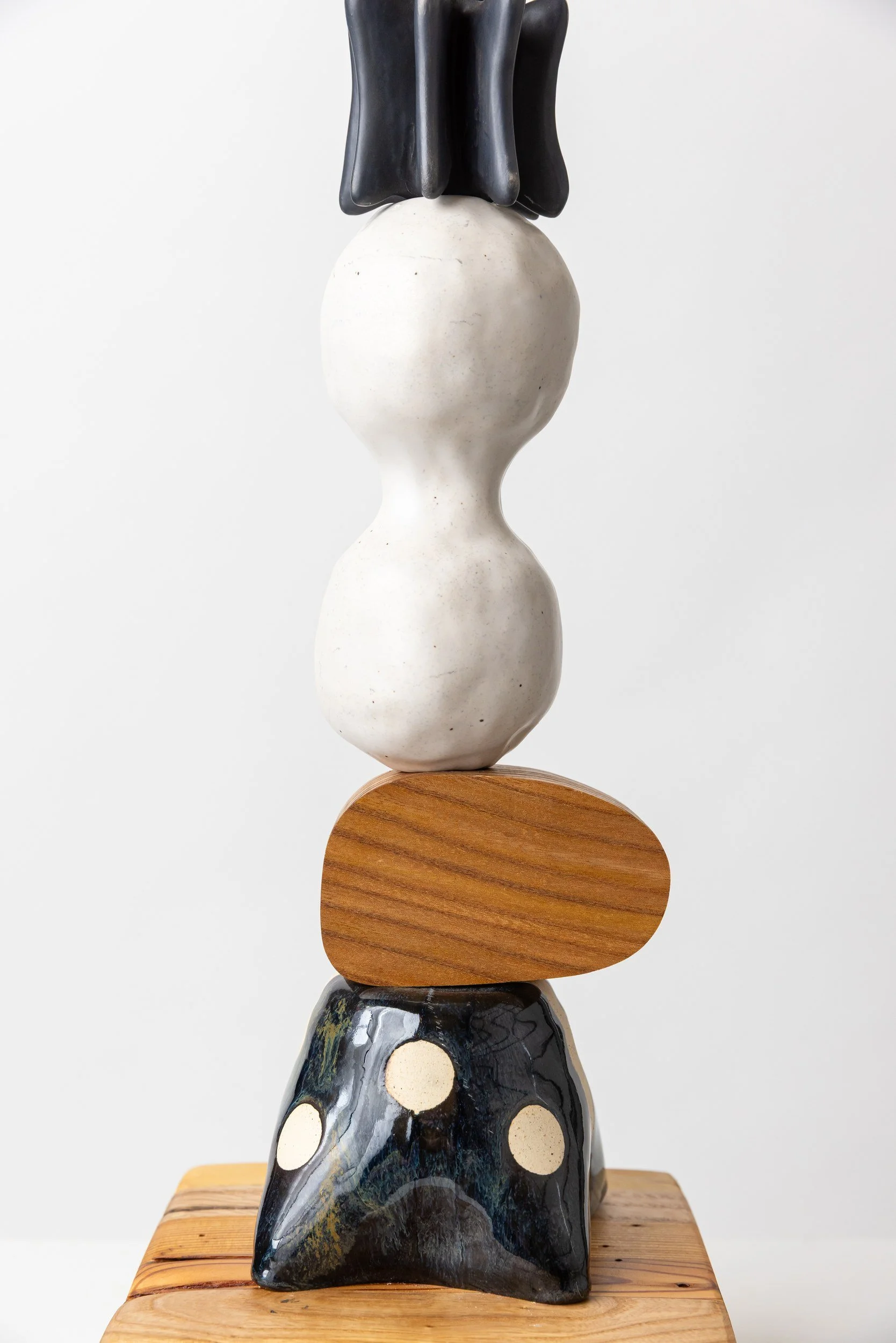 Totem No. 7 (TM007) — detail view 3   ·   Description: Totem No. 7 (TM007), one-of-a-kind ceramic and hand-carved wood totem sculpture by Brendan Bishop, Grip Fast Studio, Omaha — detail view 3.