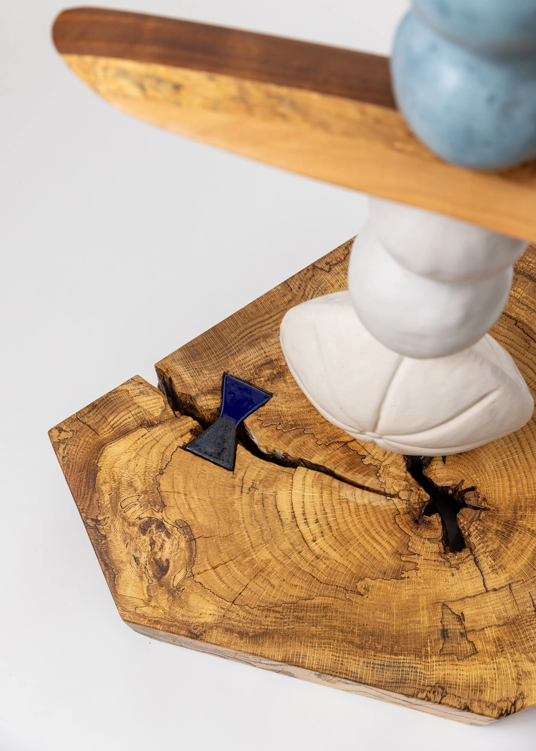 Description: Totem No. 1 (TM001), one-of-a-kind ceramic and hand-carved wood totem sculpture by Brendan Bishop, Grip Fast Studio, Omaha — base detail cobalt key.