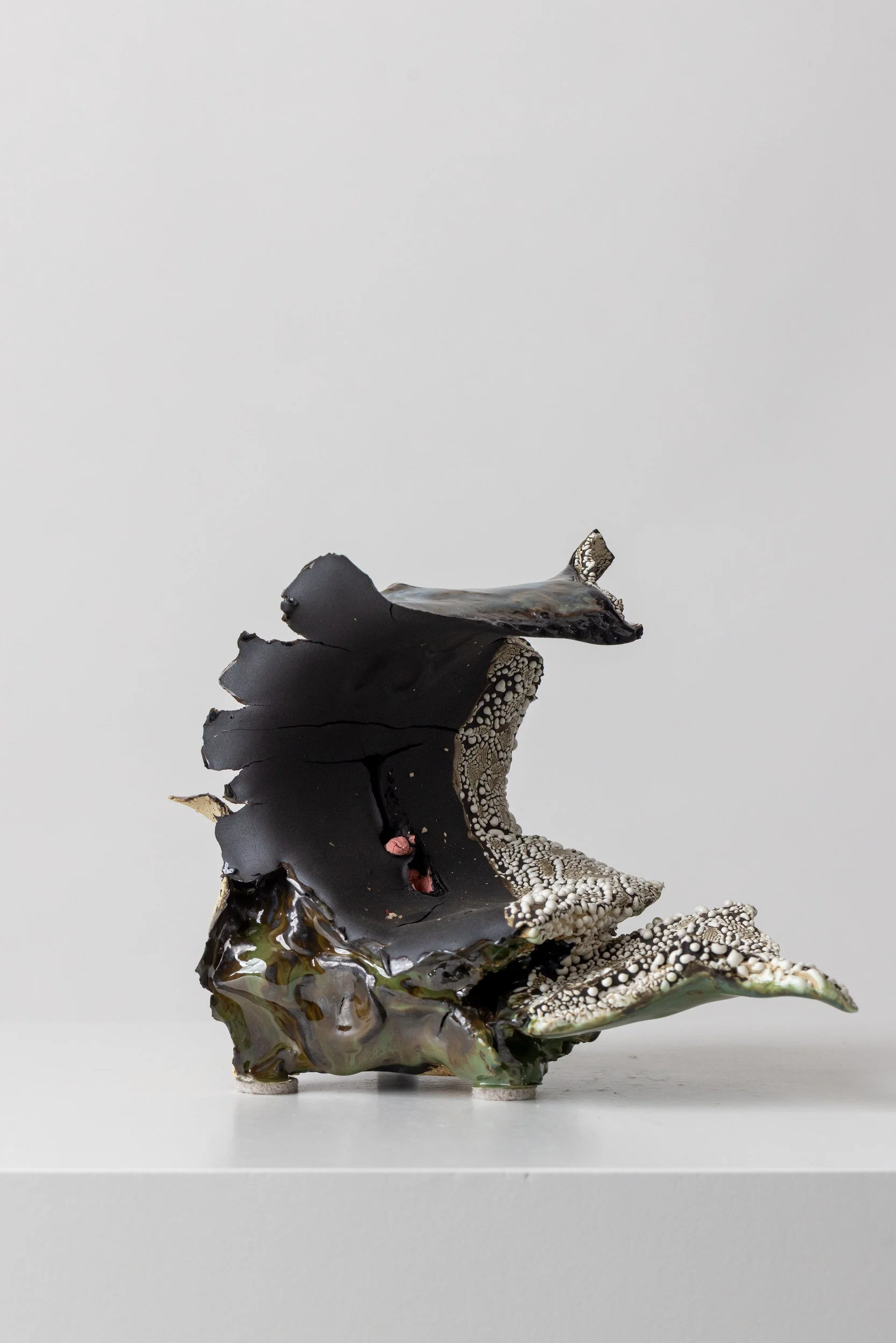 Playa Carbon (IM011) — detail view 1   ·   Description: Playa Carbon (IM011), one-of-a-kind ceramic impact study sculpture by Brendan Bishop, Grip Fast Studio, Omaha — detail view 1.