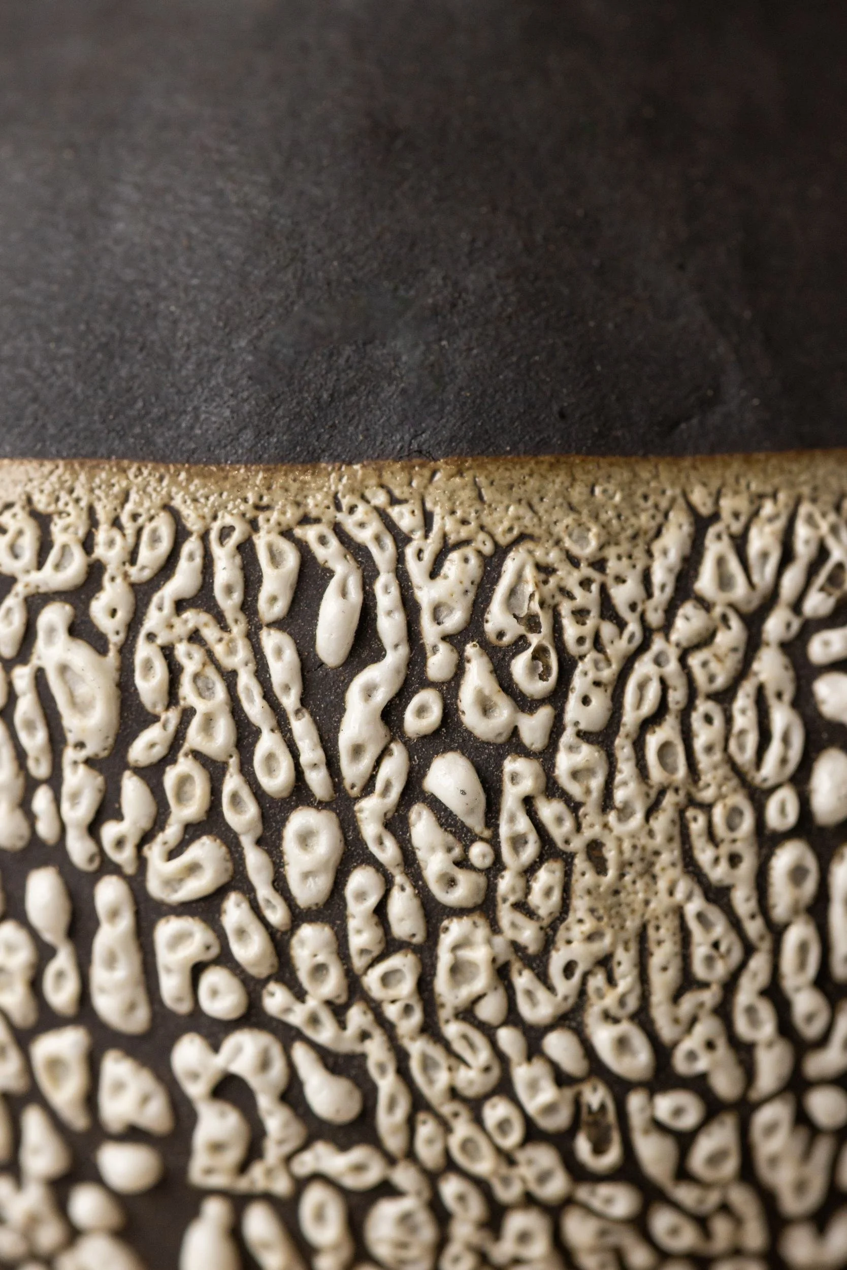 Close-up image of a black textured surface with white irregularly shaped patterns on the bottom edge.