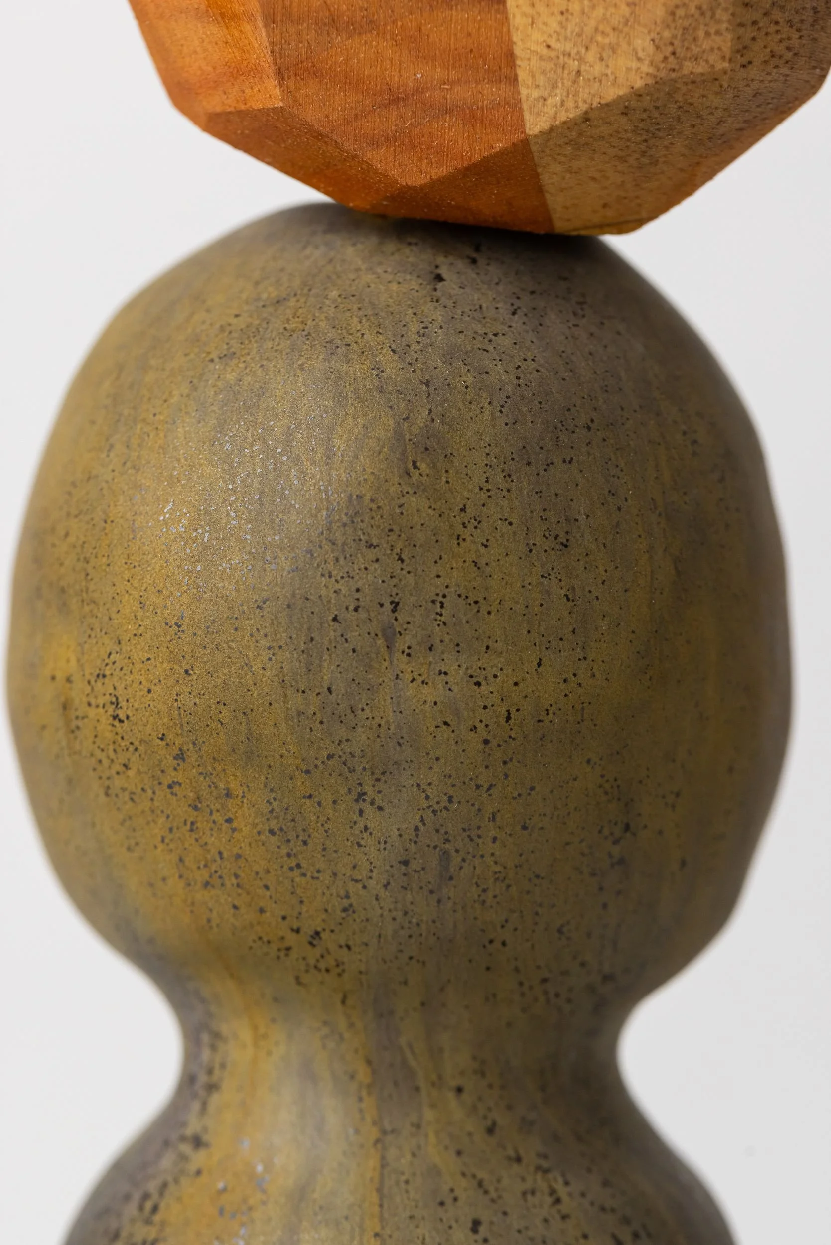Totem No. 4 (TM004) — detail view 3   ·   Description: Totem No. 4 (TM004), one-of-a-kind ceramic and hand-carved wood totem sculpture by Brendan Bishop, Grip Fast Studio, Omaha — detail view 3.