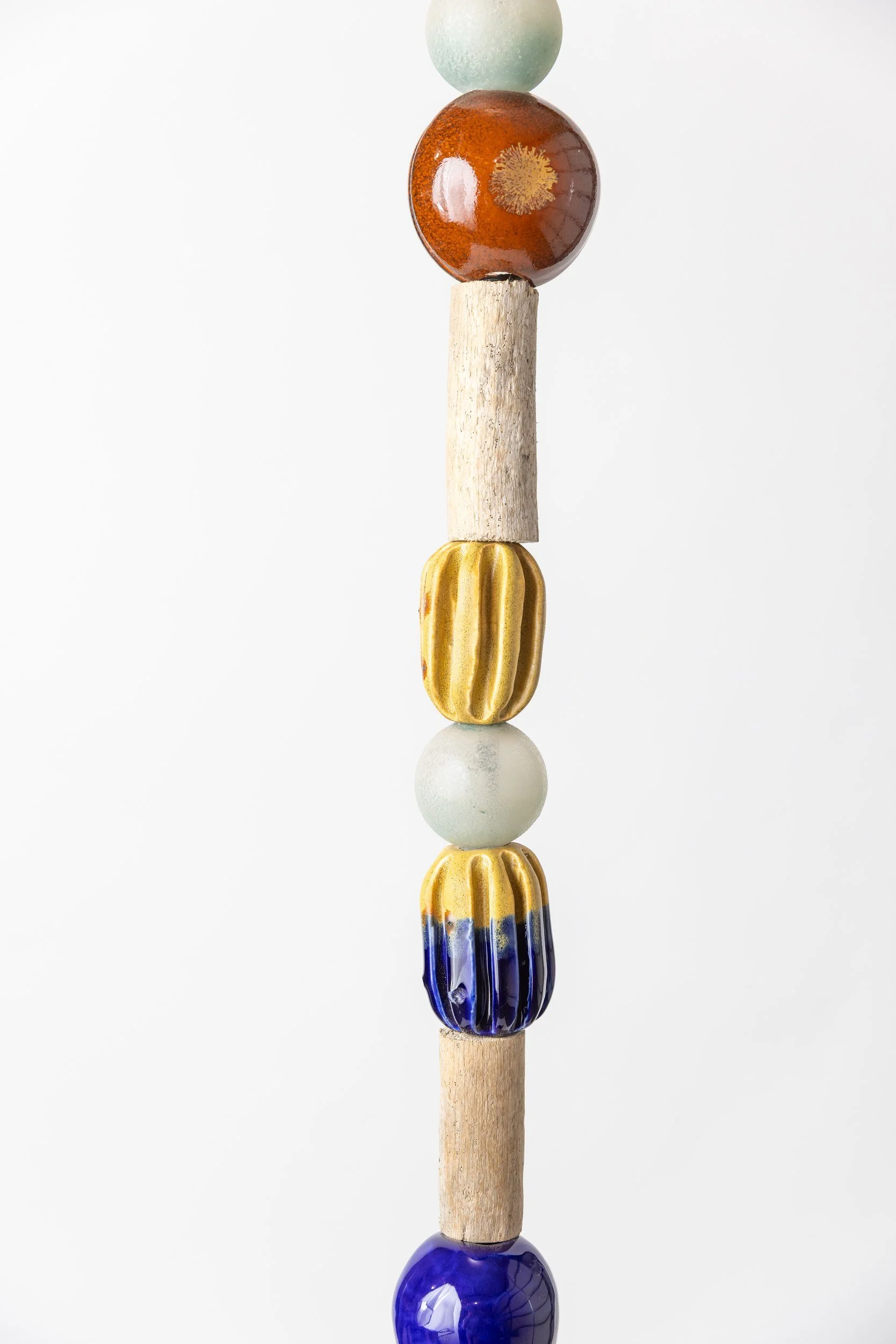 Totem No. 2 (TM002) — detail view 2   ·   Description: Totem No. 2 (TM002), one-of-a-kind ceramic and hand-carved wood totem sculpture by Brendan Bishop, Grip Fast Studio, Omaha — detail view 2.