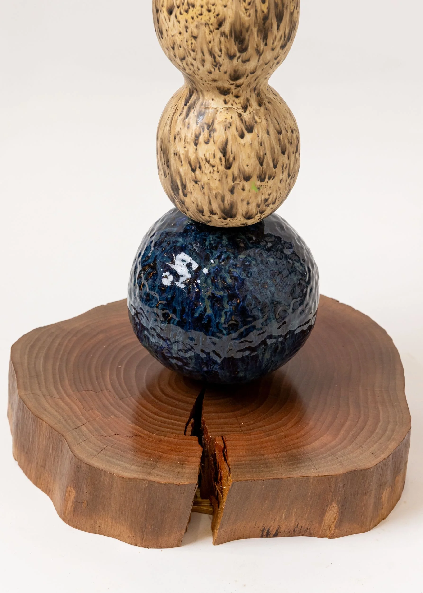 Totem No. 14 (TM014) — detail view 3   ·   Description: Totem No. 14 (TM014), one-of-a-kind ceramic and hand-carved wood totem sculpture by Brendan Bishop, Grip Fast Studio, Omaha — detail view 3.