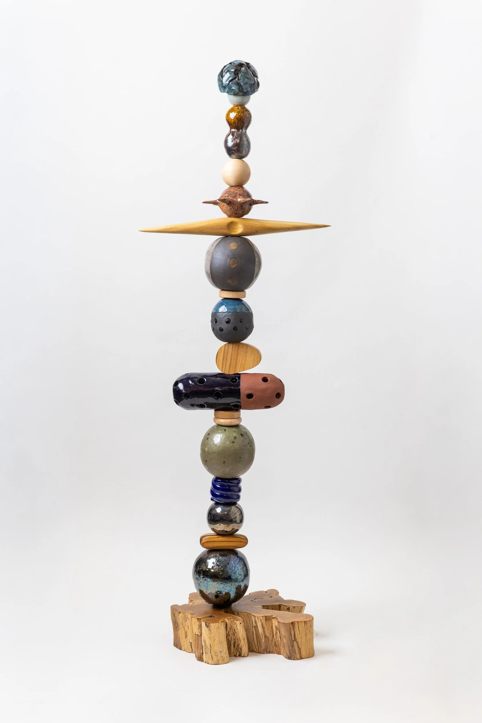 Totem No. 8 (TM008), one-of-a-kind ceramic and hand-carved wood totem sculpture by Brendan Bishop, Grip Fast Studio, Omaha — full view.