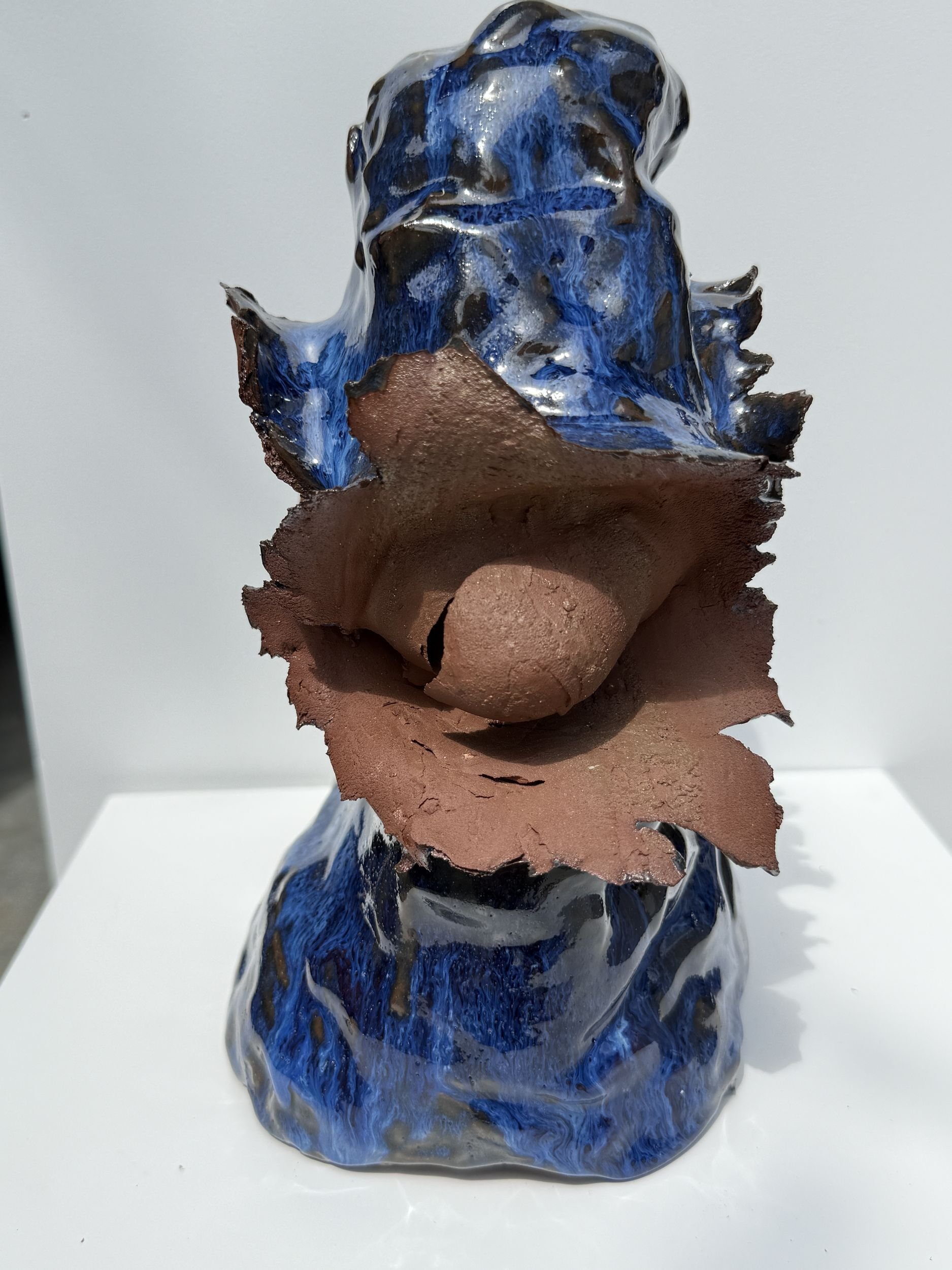 Blue Bird (IM002) — detail view 1   ·   Description: Blue Bird (IM002), one-of-a-kind ceramic impact study sculpture by Brendan Bishop, Grip Fast Studio, Omaha — detail view 1.
