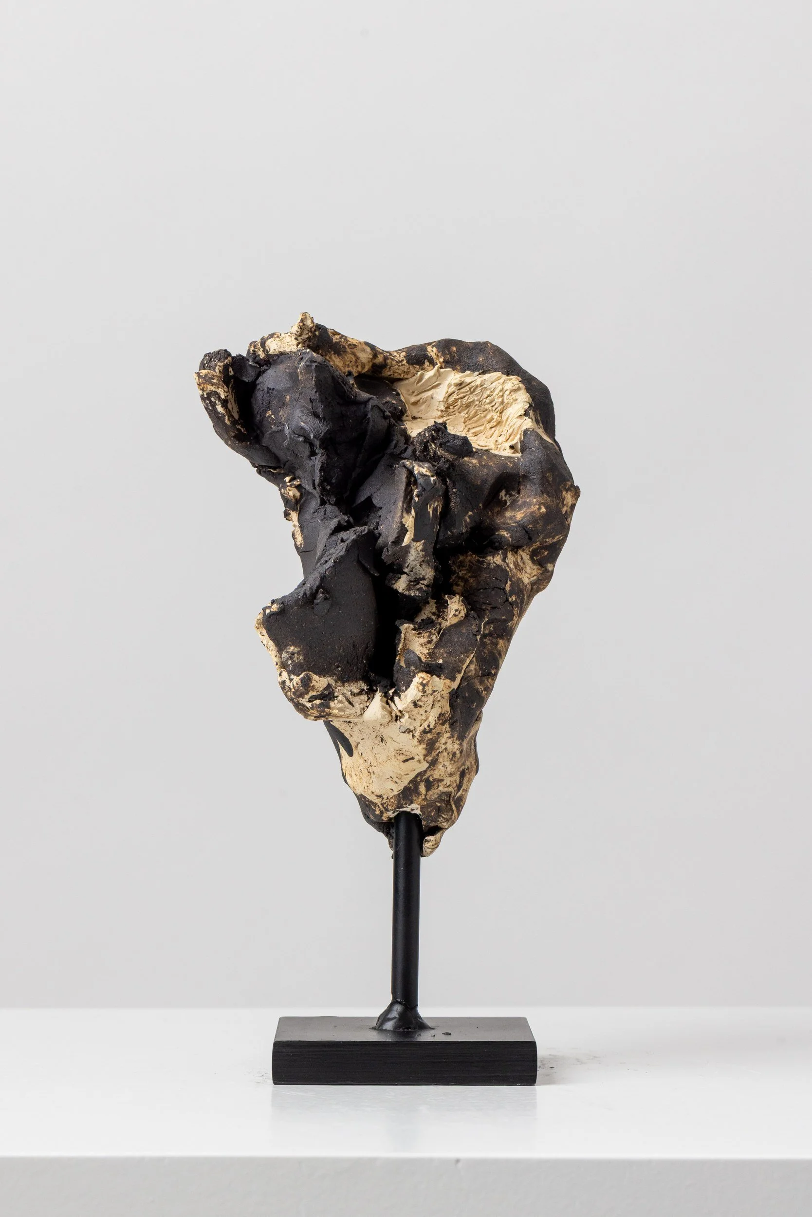 A sculpture of a human head made from black, white, and beige stone, mounted on a black stand with a rectangular base.