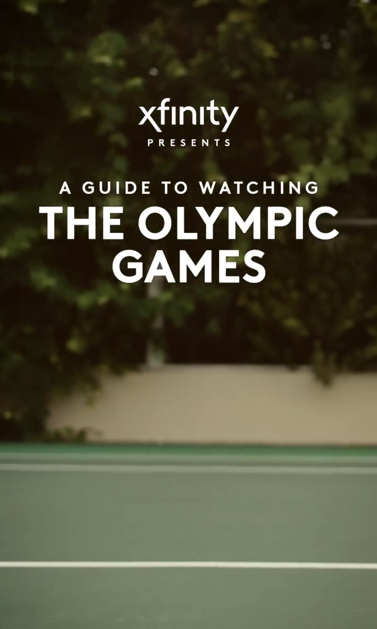 Title screen for a guide about watching the Olympic Games, presented by Xfinity, with a background of a tennis court and trees.