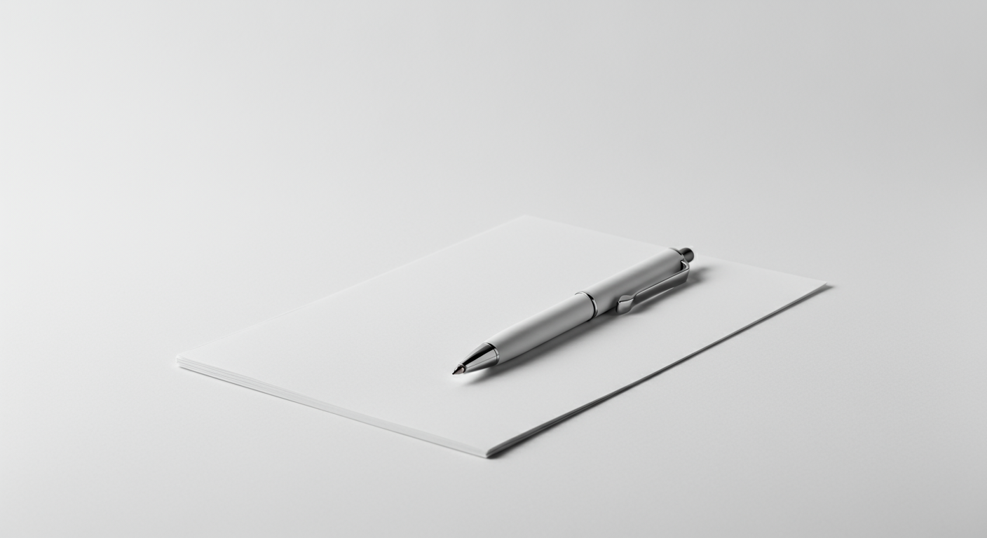 A silver pen resting on a blank stack of notepad papers on a white surface with a plain white background.