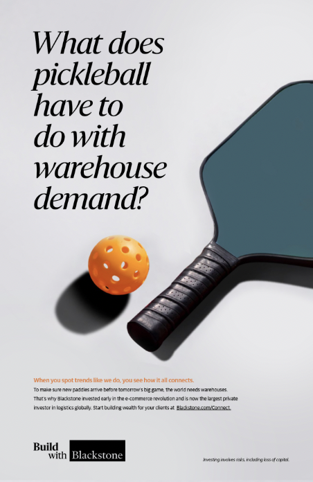 An advertisement featuring a pickleball paddle and ball with the text, 'What does pickleball have to do with warehouse demand?'