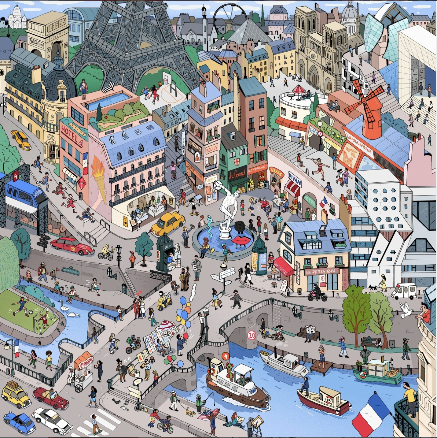 A lively city scene with people walking, biking, and riding boats along a canal, surrounded by colorful buildings, a park with children playing, shops, restaurants, a fountain with a sculpture, and iconic landmarks like the Eiffel Tower and Notre Dame in the background.