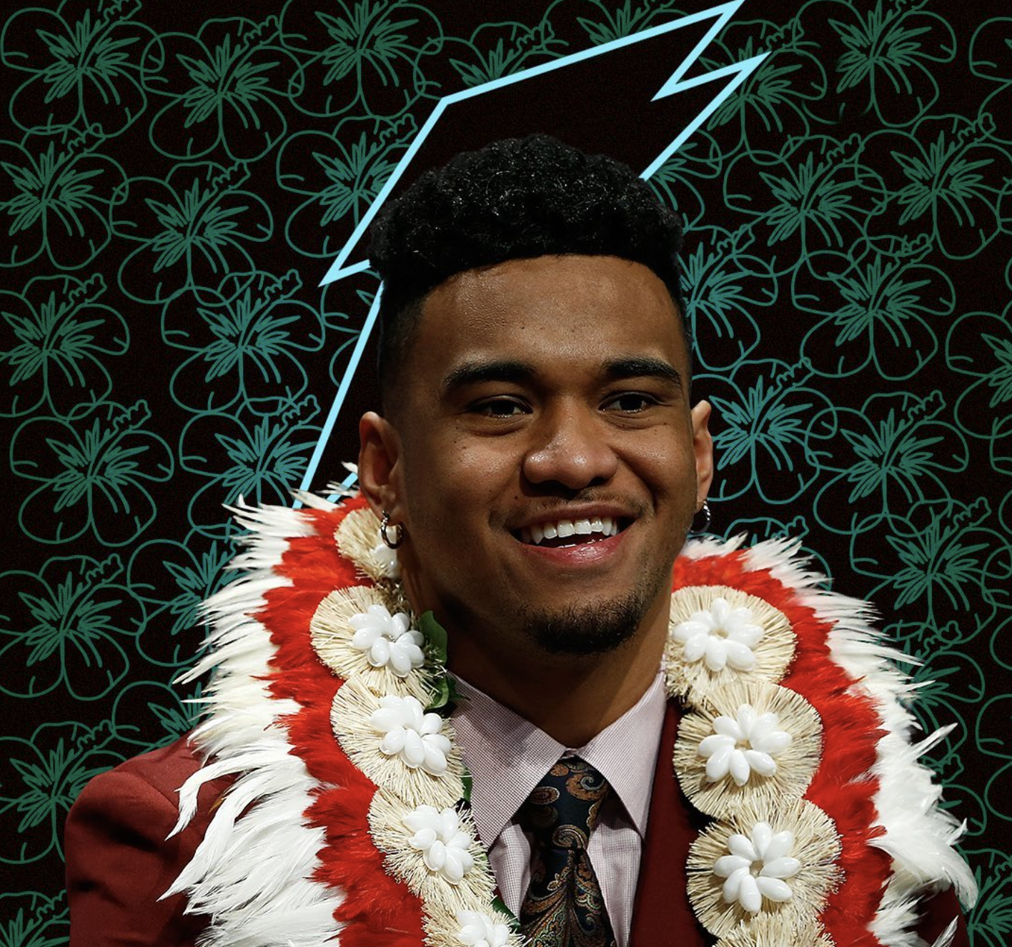 Young man with a bright smile dressed in a formal suit, adorned with a traditional Hawaiian lei made of white and red feathers, and white flowers with green leaves, with a decorative Hawaiian-themed background.