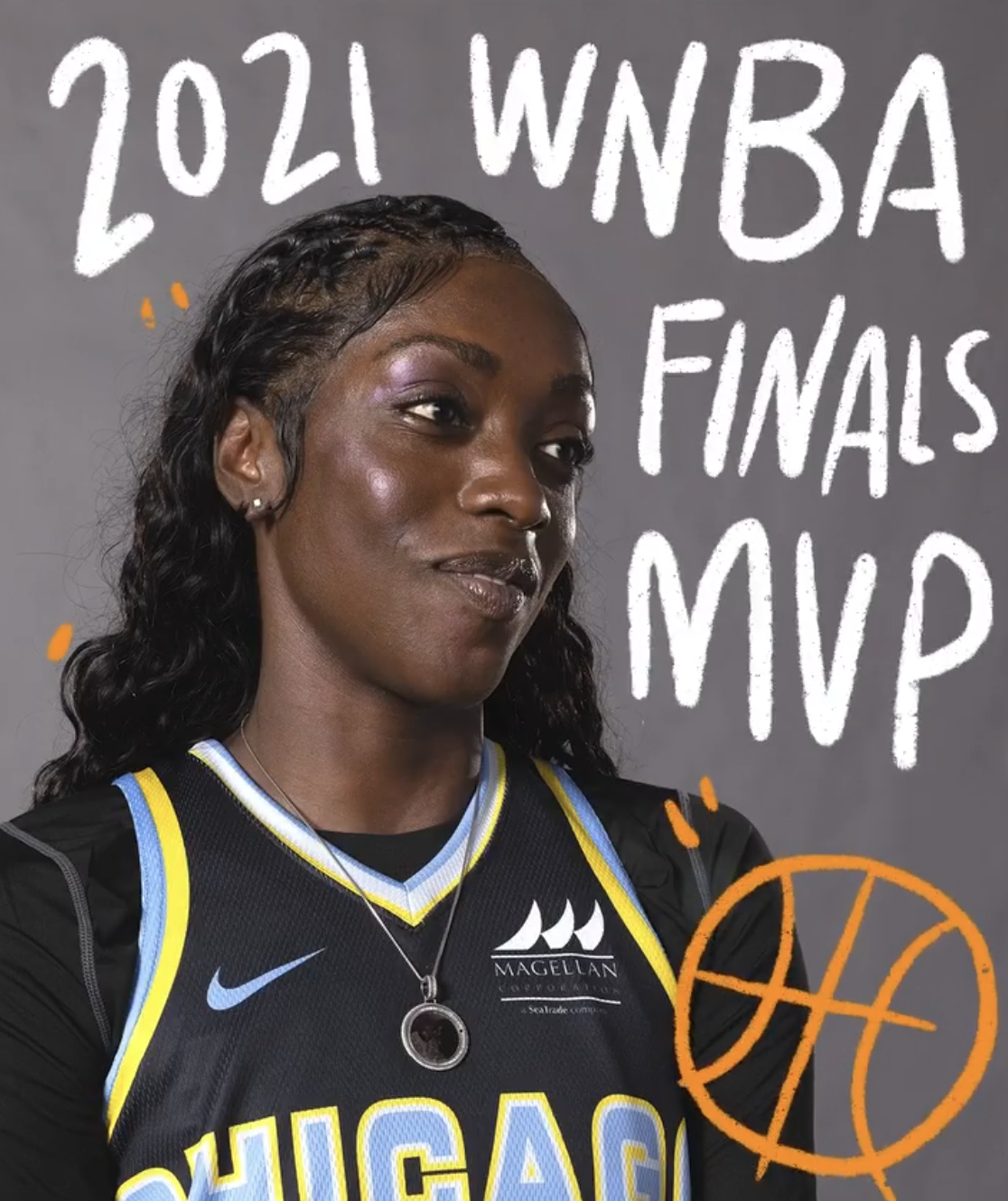 A female basketball player in a Chicago team jersey with the text '2021 WNBA Finals MVP' handwritten in white above her head and an orange basketball graphic to her side.