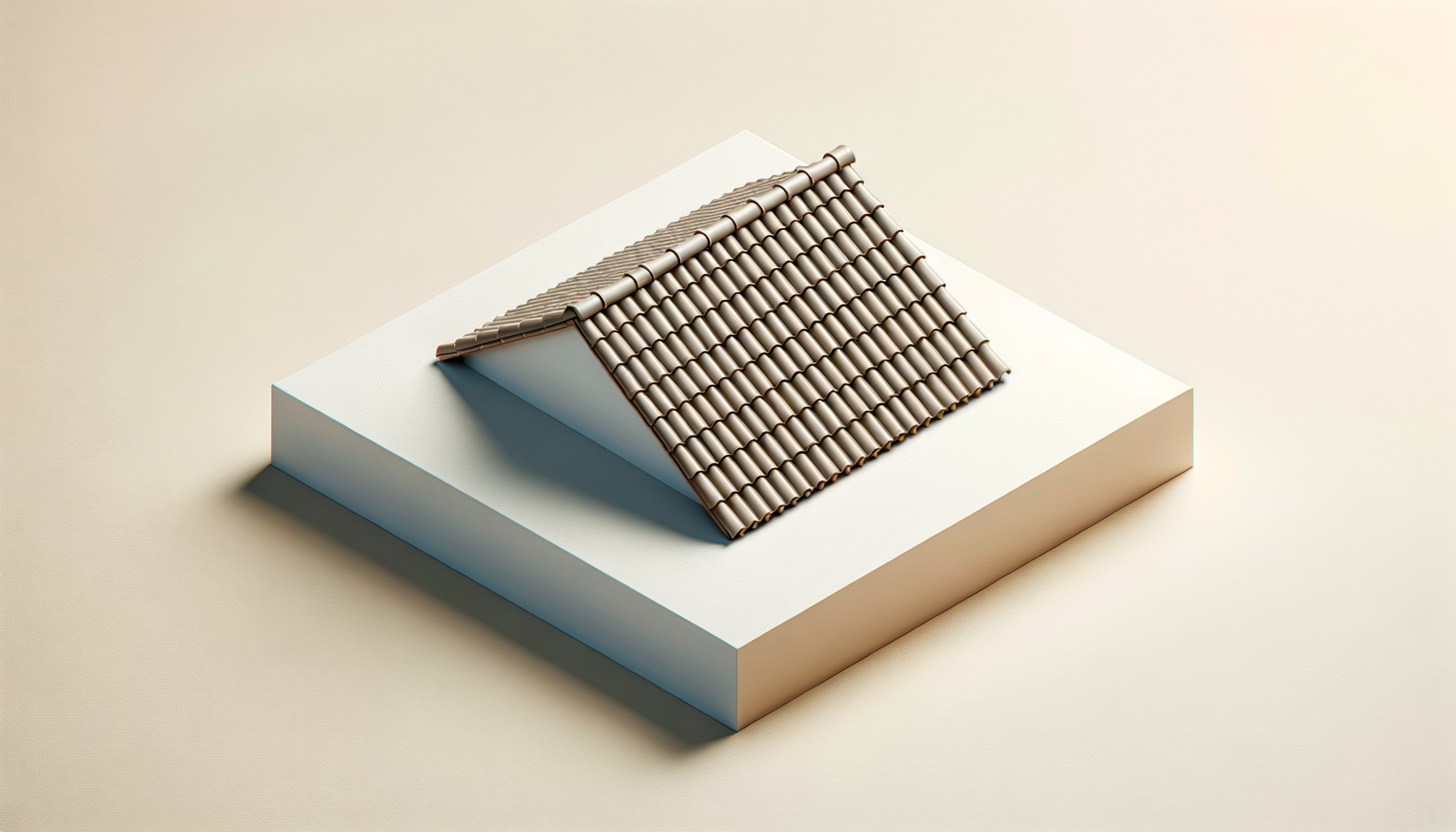 3D rendering of a beige roof with tiles, situated on a white platform against a light background.