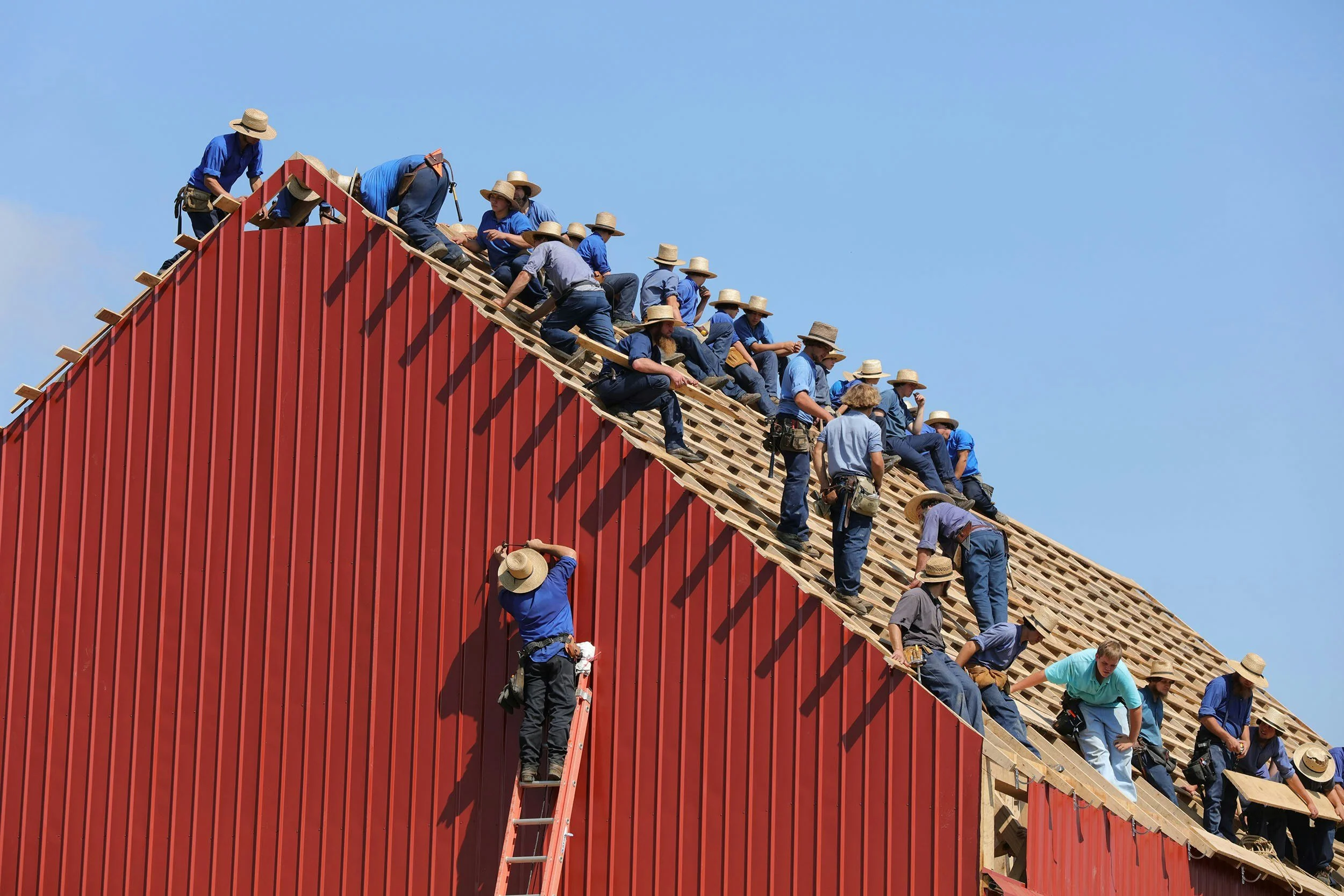 Group of construction workers installing a roof, wearing hats and safety gear, working on a building with red siding and a clear blue sky.