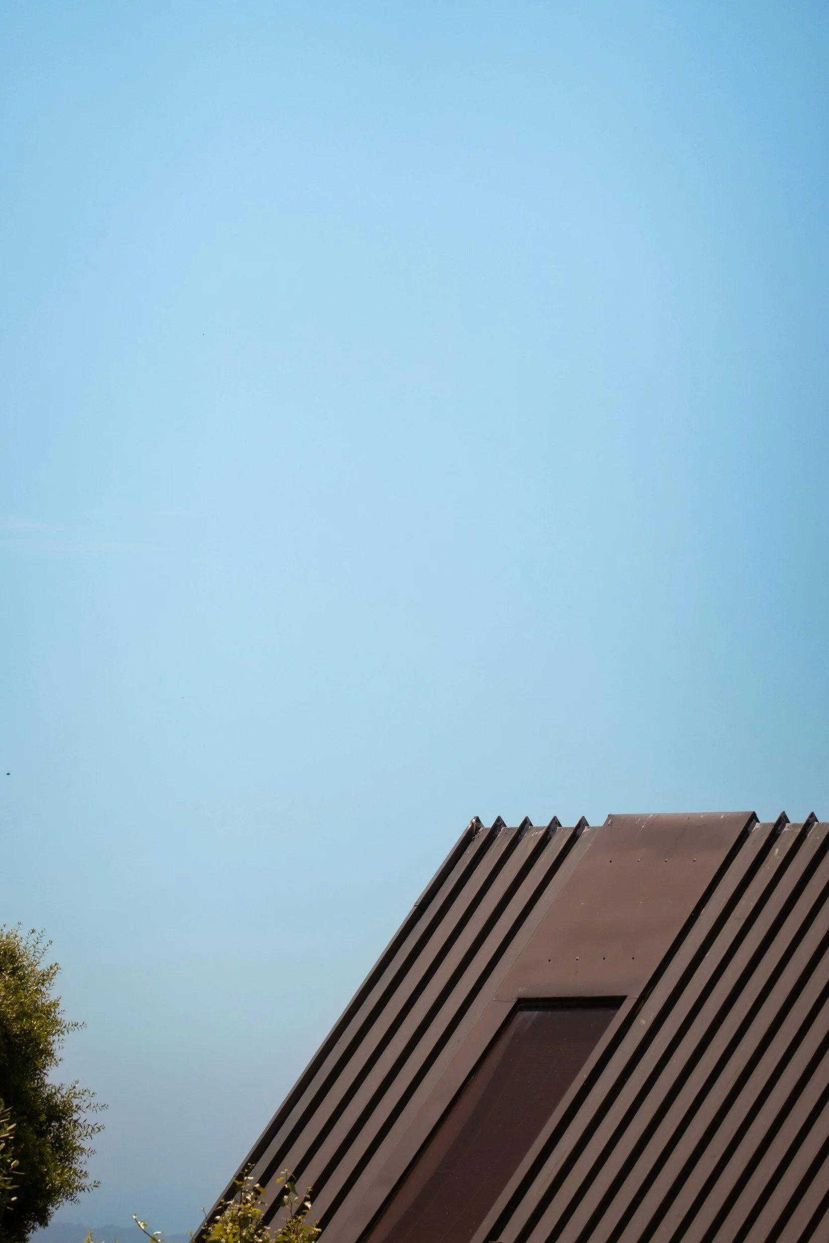 Part of a building with a sloped, metal roof and three windows, with a tree and blue sky in the background.