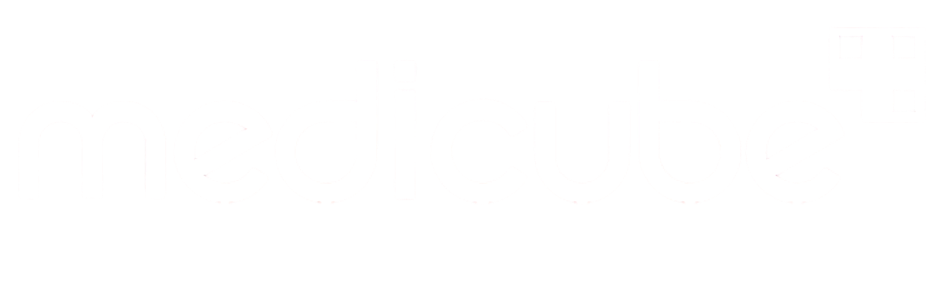 A logo with the word 'medcube' in white lowercase letters and a small square icon with four black dots arranged in a 2x2 grid on a black background.