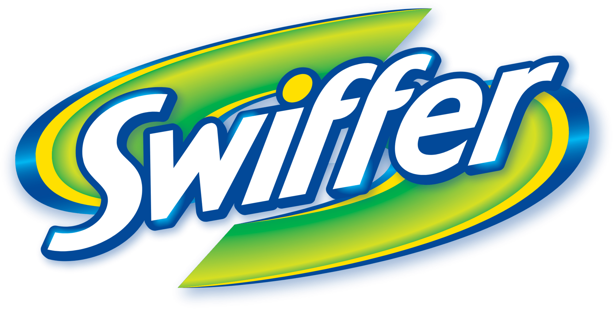 Swiffer logo with blue, yellow, and green colors, featuring the word 'Swiffer' in bold white letters.