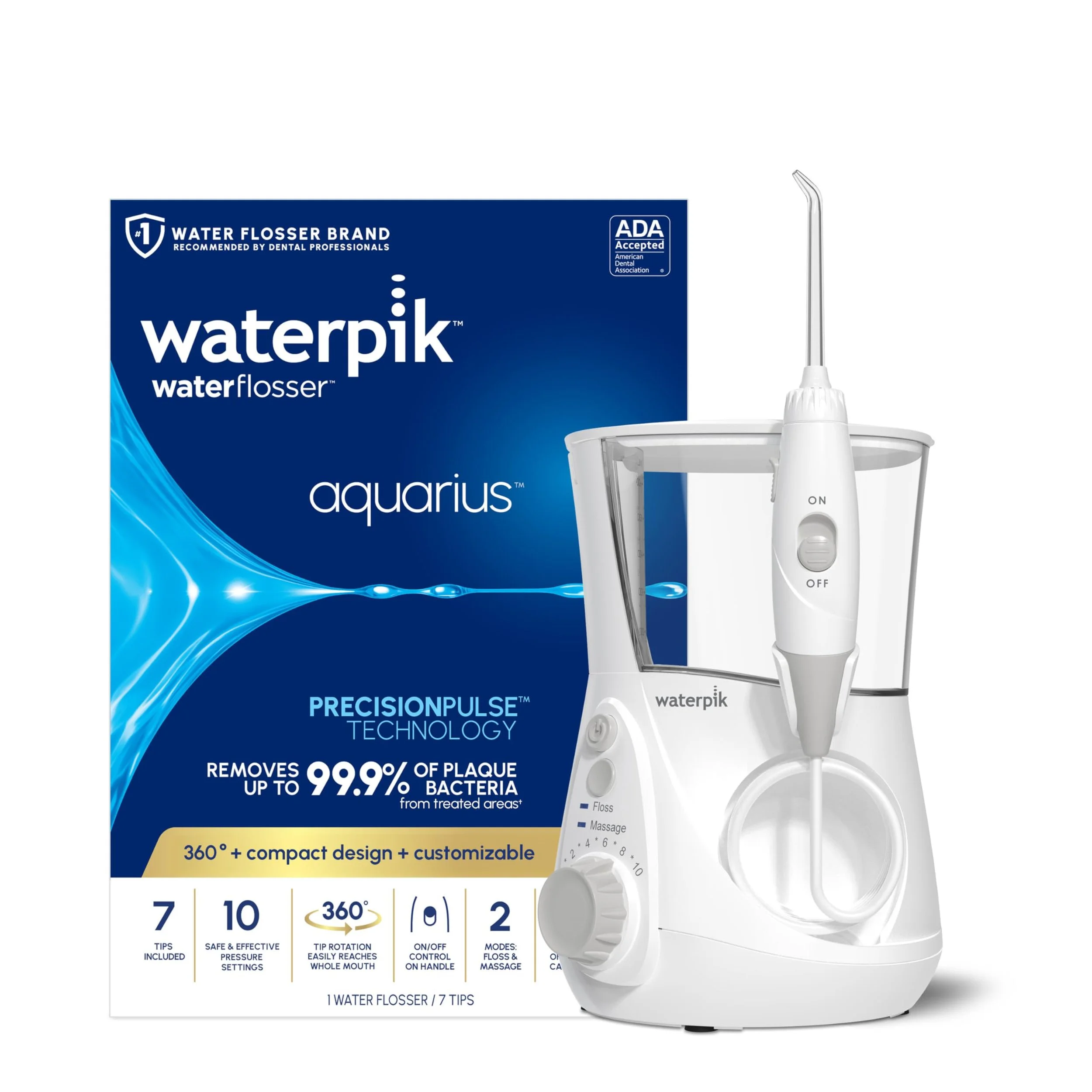 Waterpik Aquarius Water Flosser WP-660 – Electric Dental Cleaner with 10 Pressure Settings, 7 Tips, ADA Accepted, White
