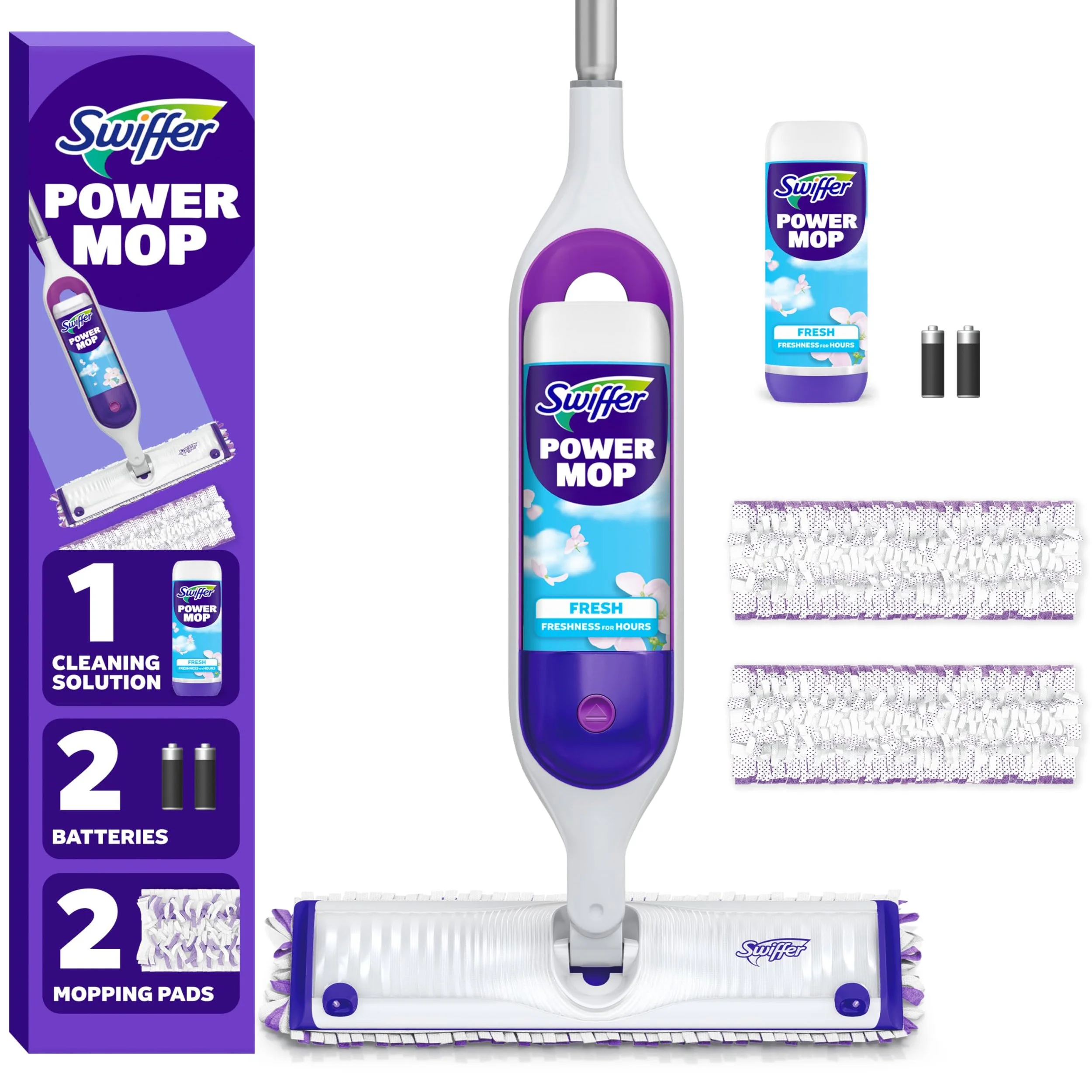 Swiffer PowerMop Floor Cleaning Kit – Power Mop with Replacement Pads, Cleaning Solution Refill & Batteries, Multi-Surface & Wood Floors