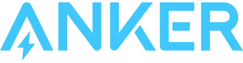 Logo of the brand Anker with blue text and a lightning bolt symbol replacing the letter A.