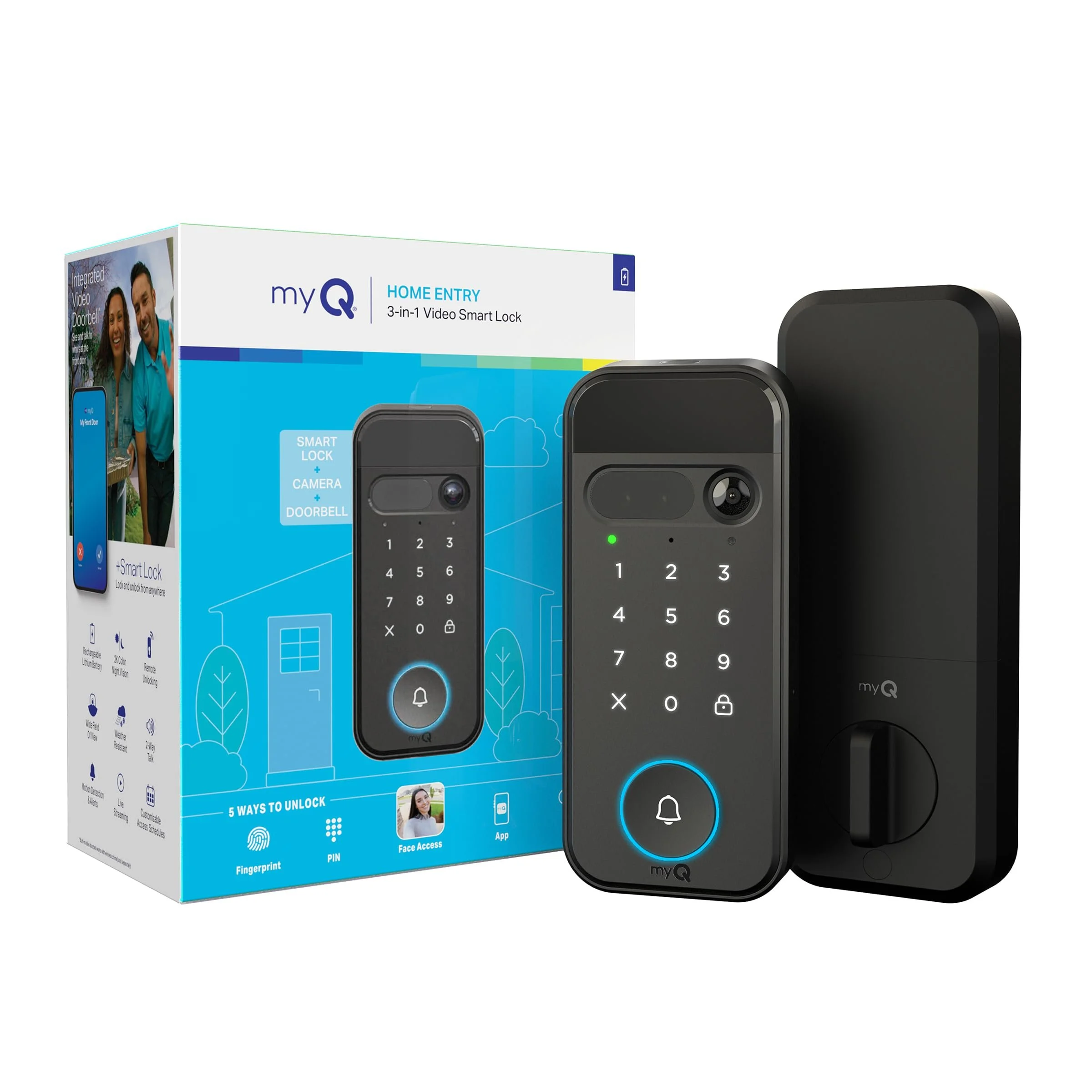 myQ Secure View 3-in-1 Smart Lock – 2K HDR Video Doorbell Camera with Face, Fingerprint, PIN & App Access, Color Night Vision & Two-Way Audio