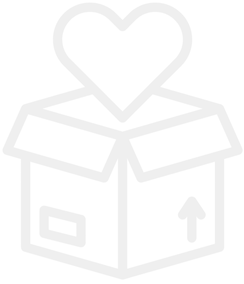 Outline of a cardboard box with an open lid and a heart shape emerging from inside